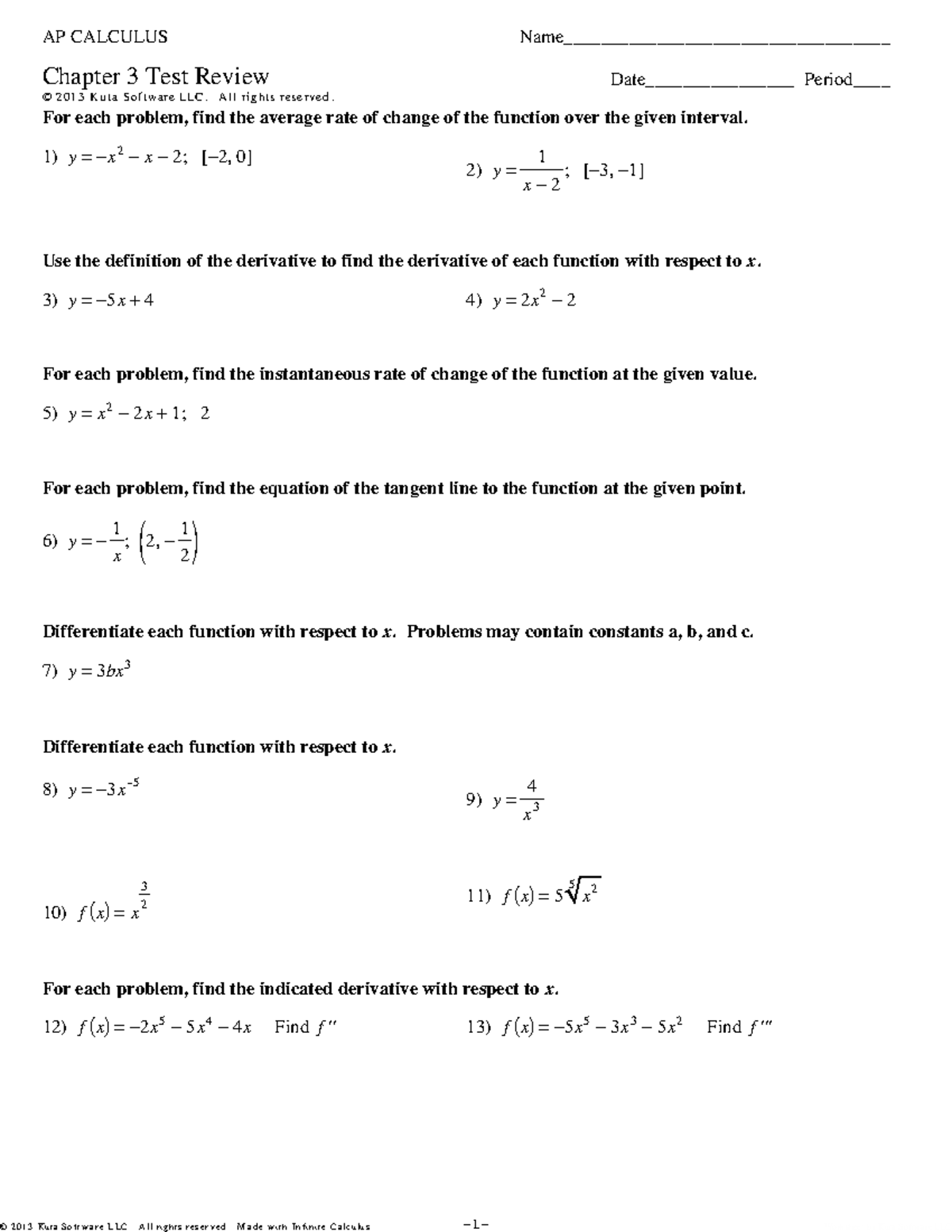 AP Calculus - Chapter 3 Test Review - ©g f 2 F 0 q 1 L 33 AKiurtkah ...
