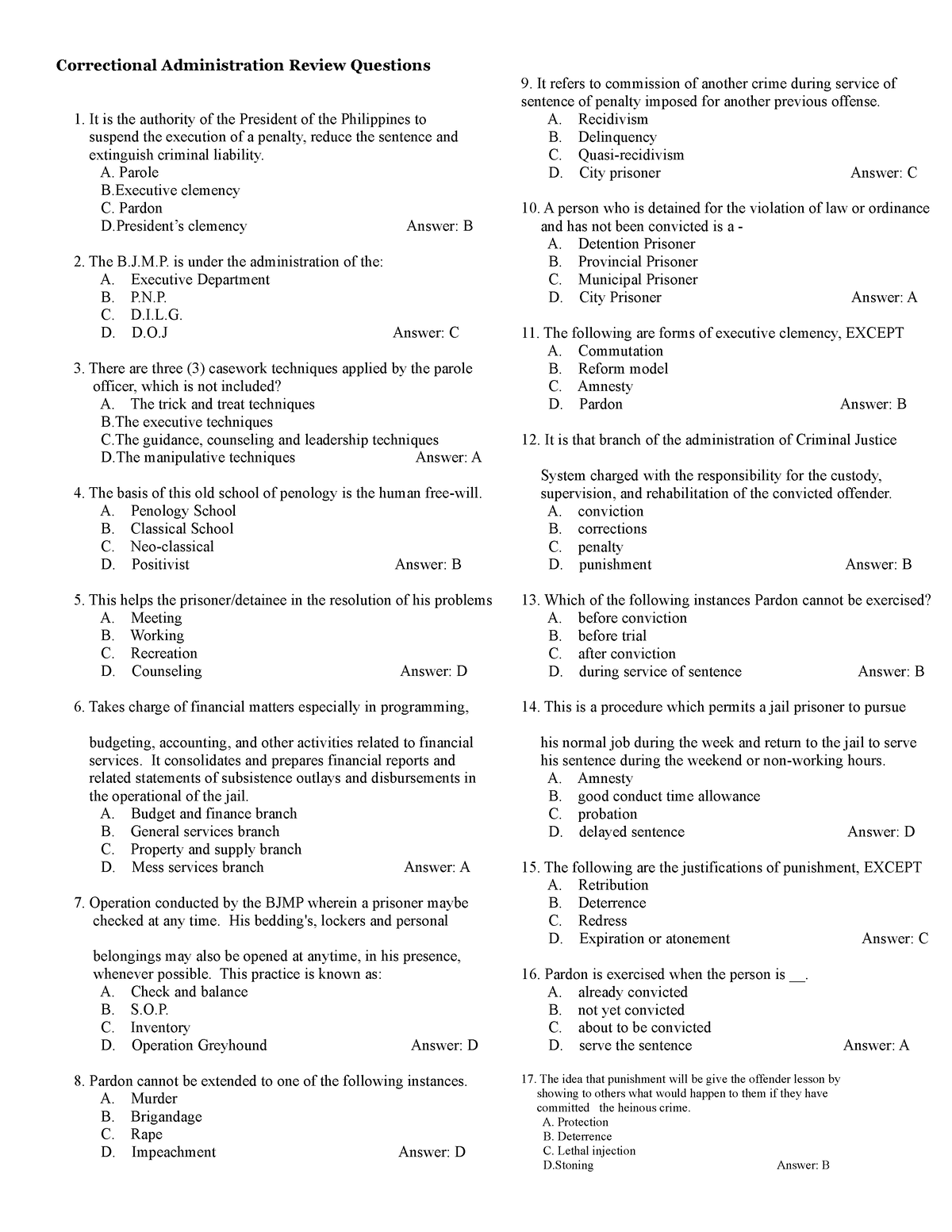 1.Correctional Administration Review Questions - A. Parole B Clemency C ...