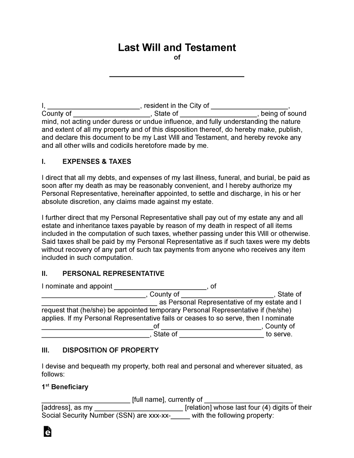 Last will and testament template - Last Will and Testament of