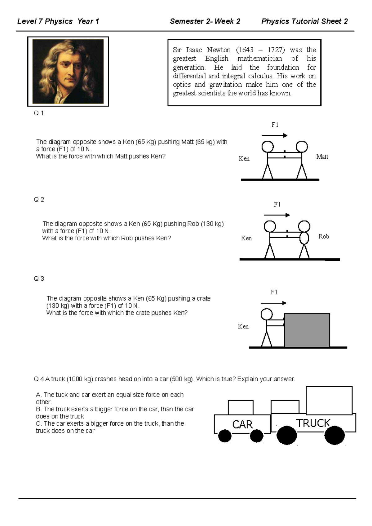 PHYS1702 Semester 2, Tutorial 2: Forces - Level 7 Physics Year 1 ...