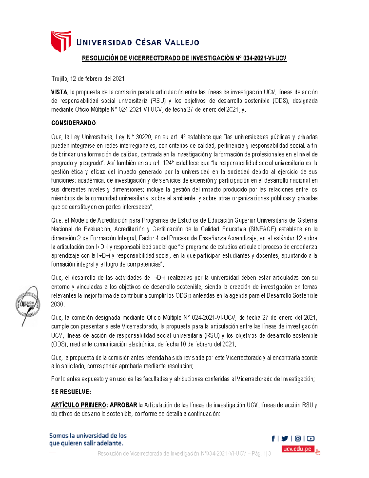 RVI N°034-2021-VI-UCV Aprueba La Articulación De Las Líneas De ...