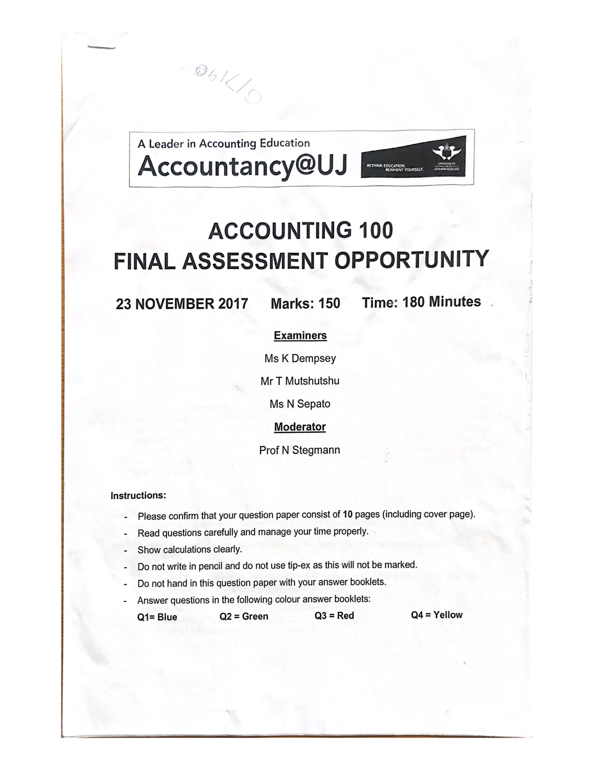 Accounting 100 Final Assessment Opportunity 2017 - Acc100 - Studocu