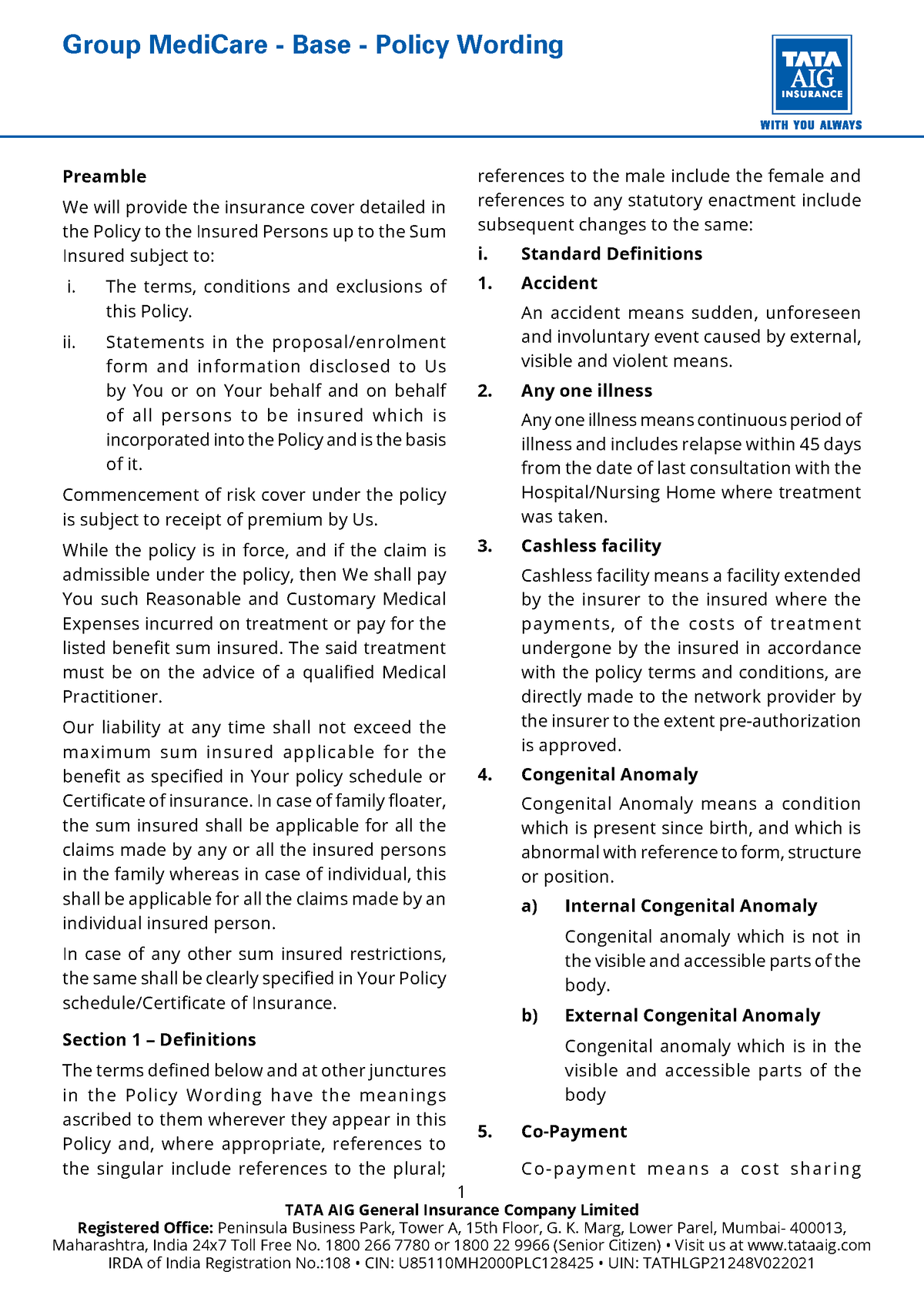 Group medicare policy wordings - TATA AIG General Insurance Company ...