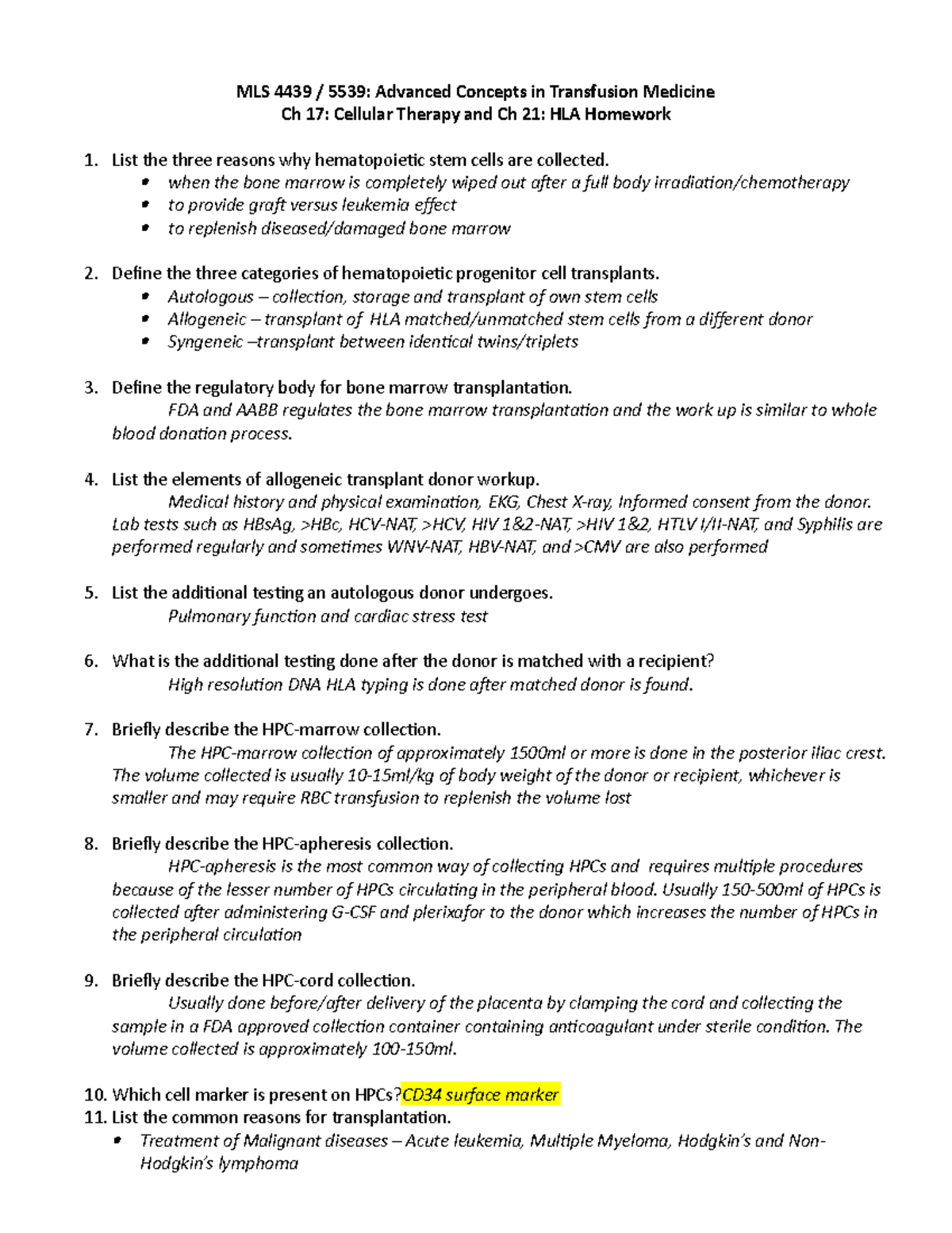 Cellular Therapy and HLA homework - MLS 4439 / 5539: Advanced Concepts ...