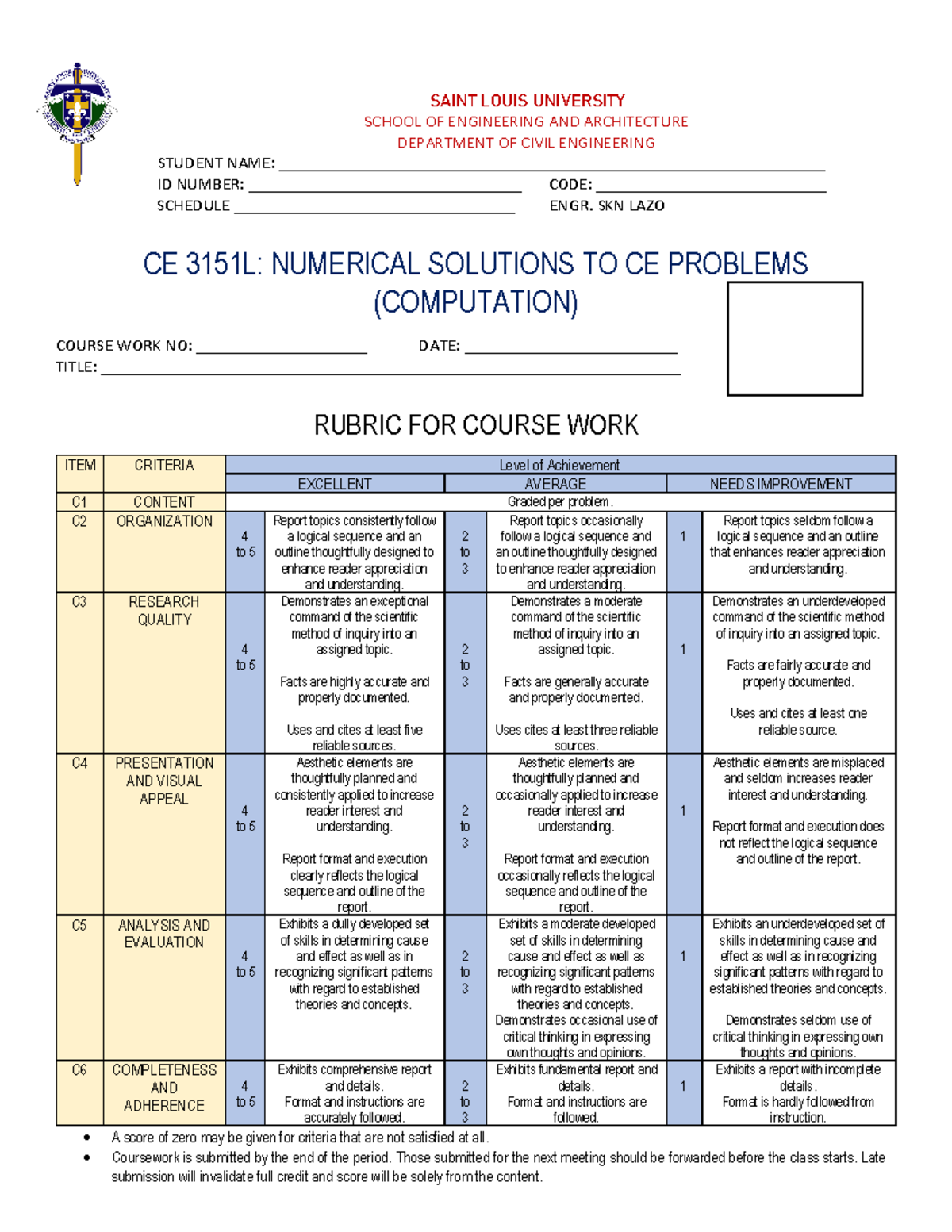 3151L Course WORK Rubrics - SAINT LOUIS UNIVERSITY SCHOOL OF ...