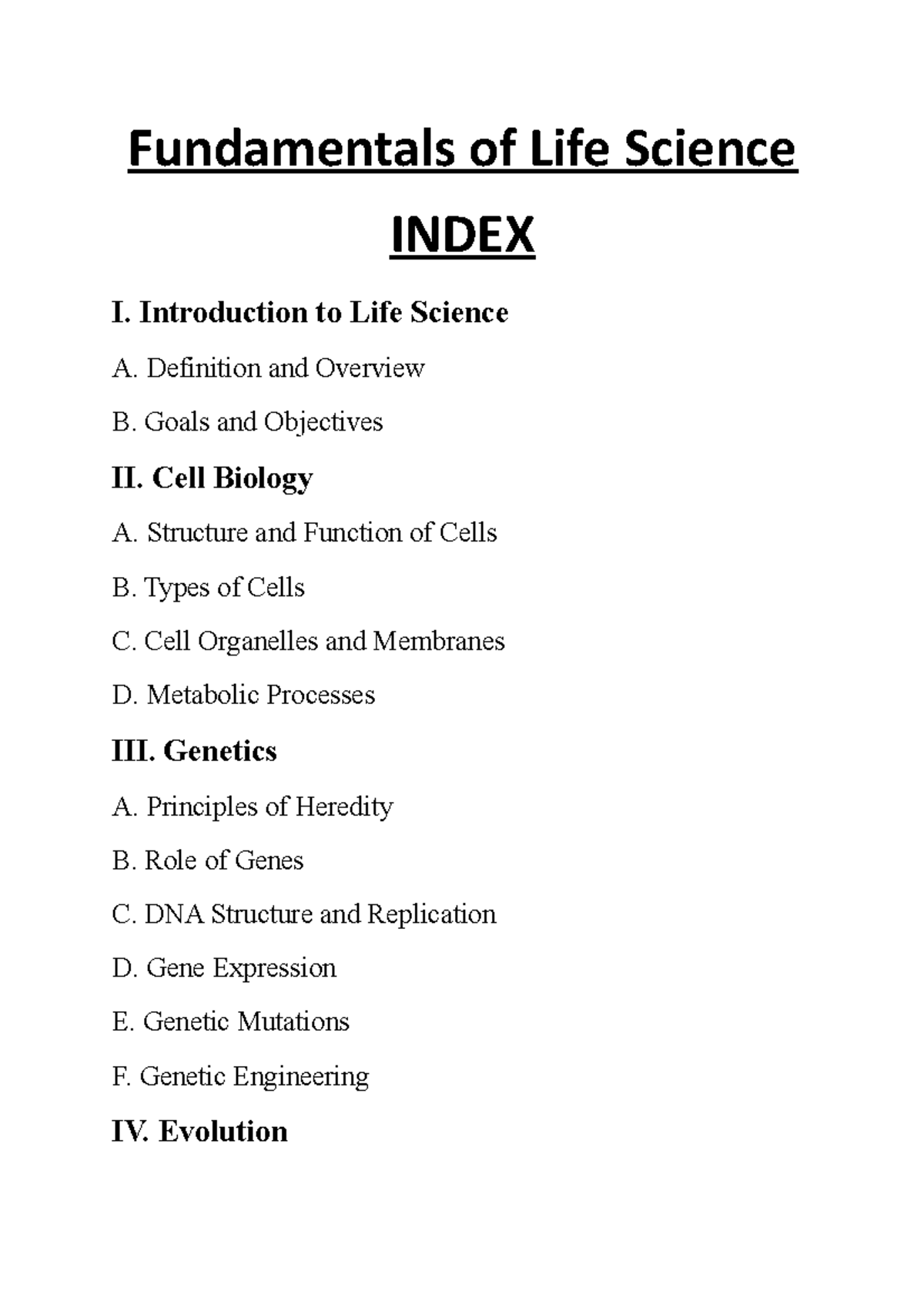 Fundamental of life sciences Fundamentals of Life Science INDEX I