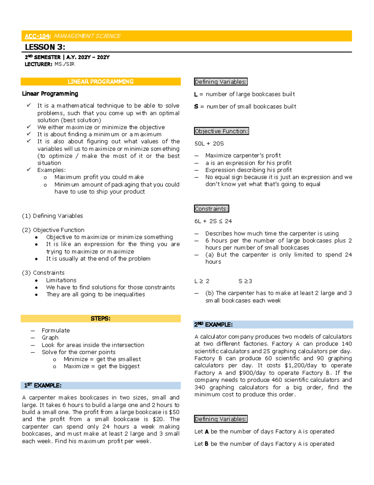 Management Science Linear Programming - ACC- 104 : MANAGEMENT SCIENCE ...