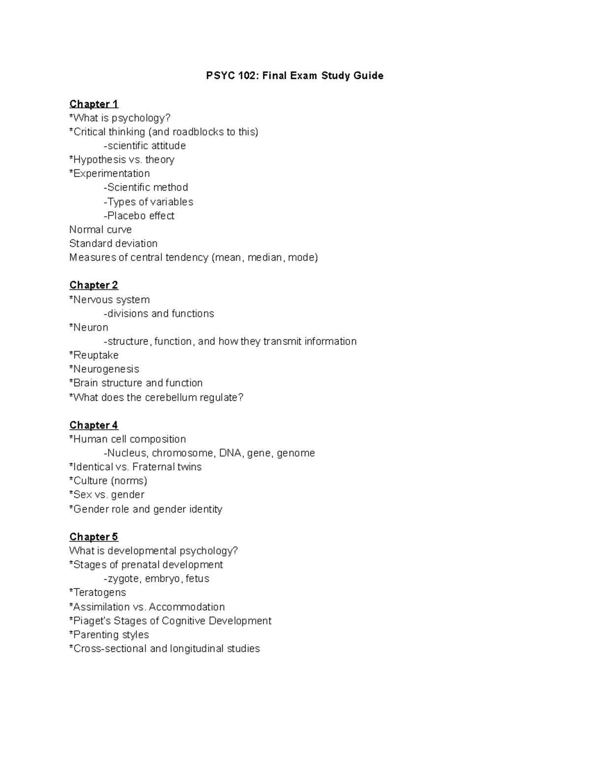 PSYC 102 Final Study Guide - PSYC 102: Final Exam Study Guide Chapter 1 ...