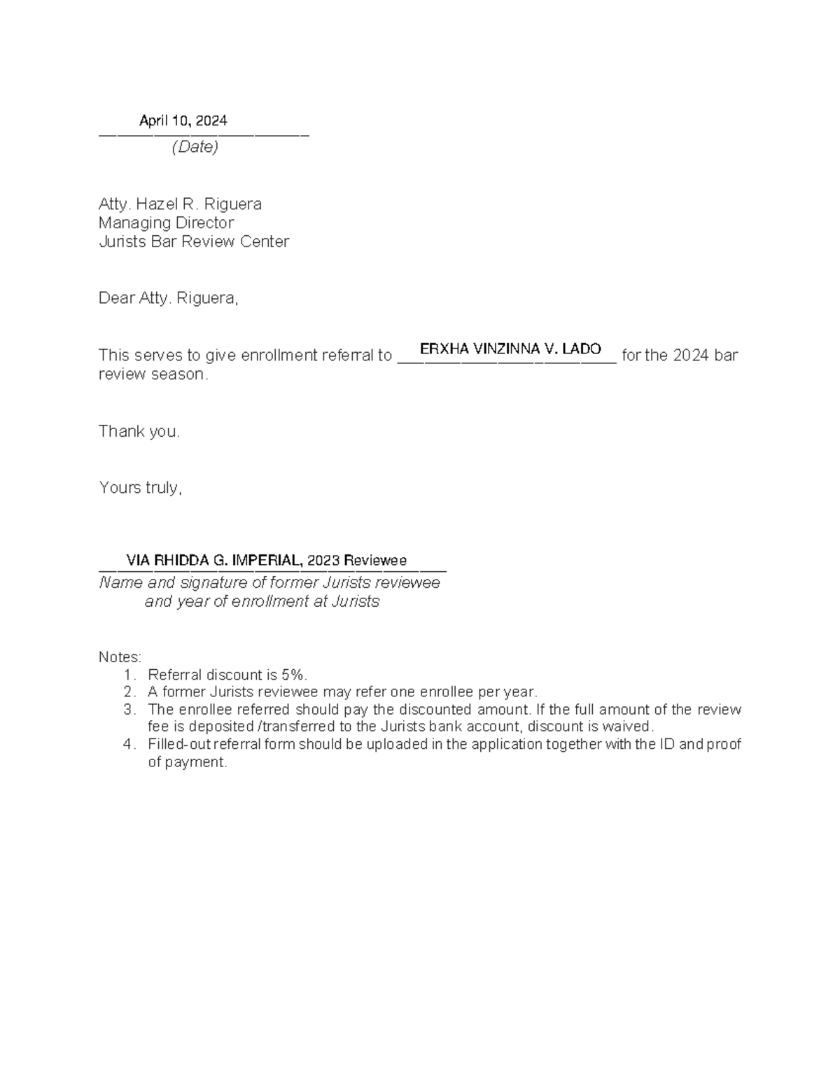 Referral Form Sample - _______________________ (Date) Atty. Hazel R ...