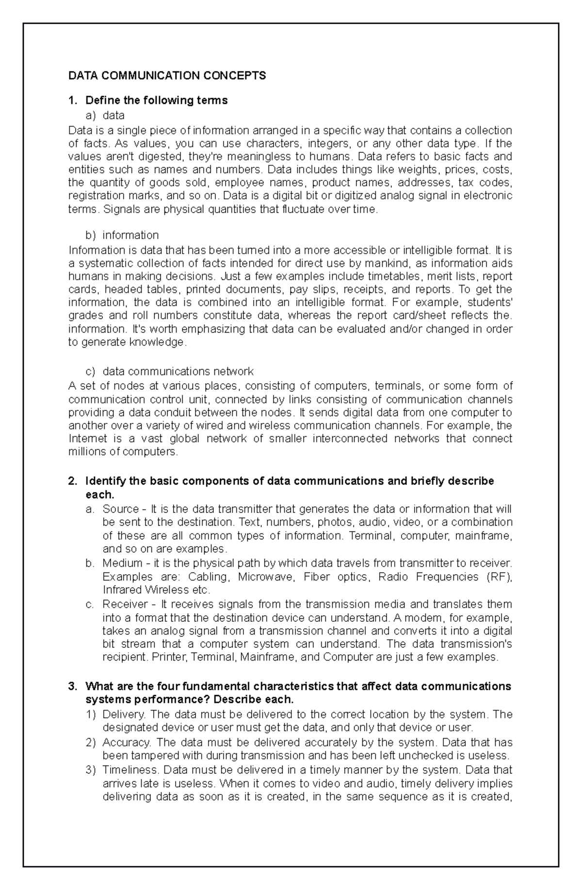 DATA Communication Concepts - DATA COMMUNICATION CONCEPTS 1. Define the ...