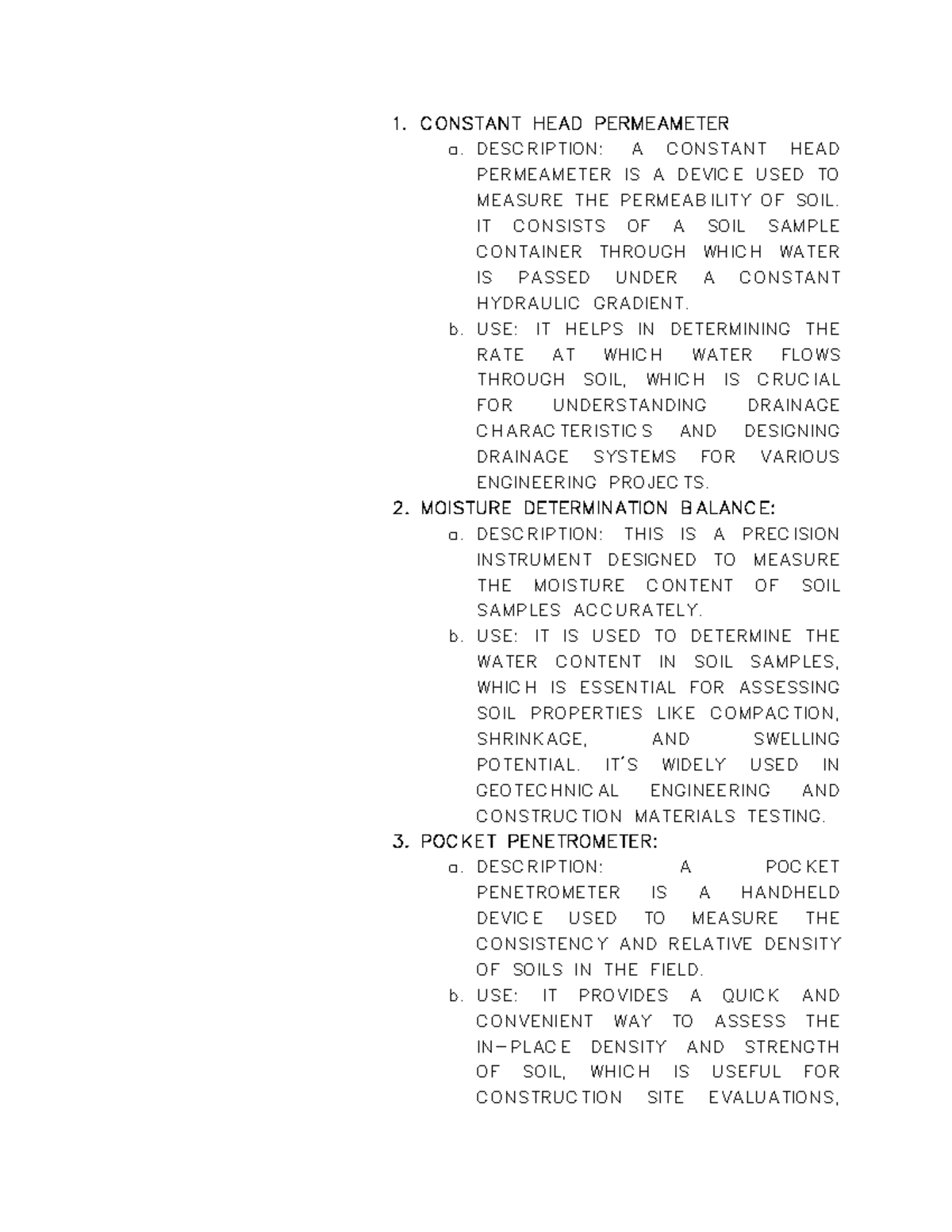 LAB 1 Descrip-USES - 1. CONSTANT HEAD PERMEAMETER a. DESCRIPTION: A ...