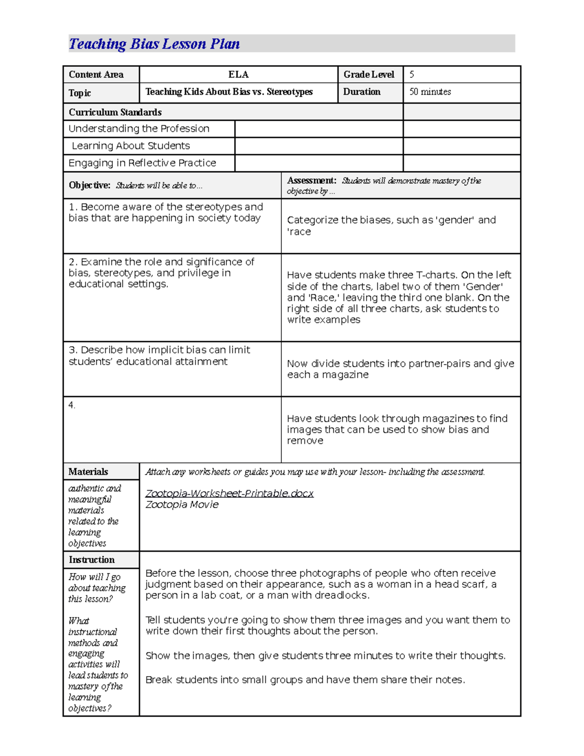 Bias Lesson Plan- Nevaeh C - Teaching Bias Lesson Plan Content Area ELA ...