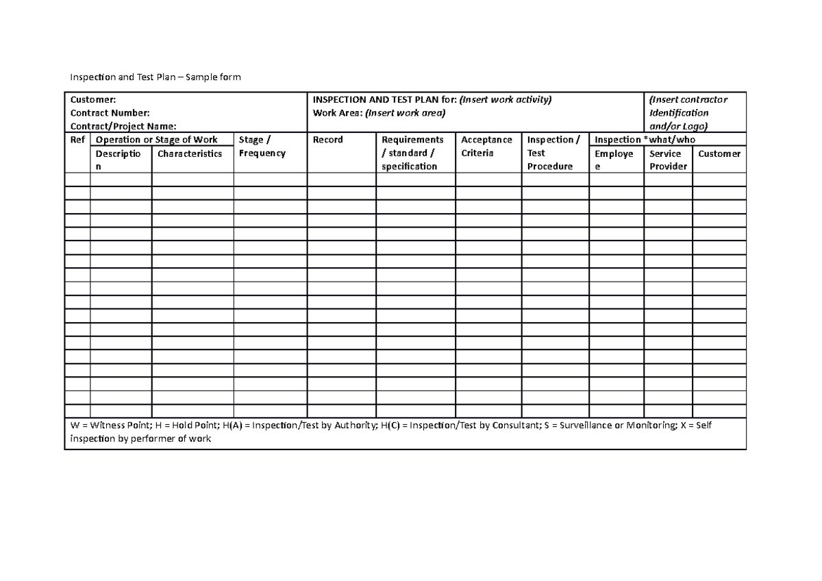 Sample forms - ITPs and Test sheets for Quality and Value Management ...