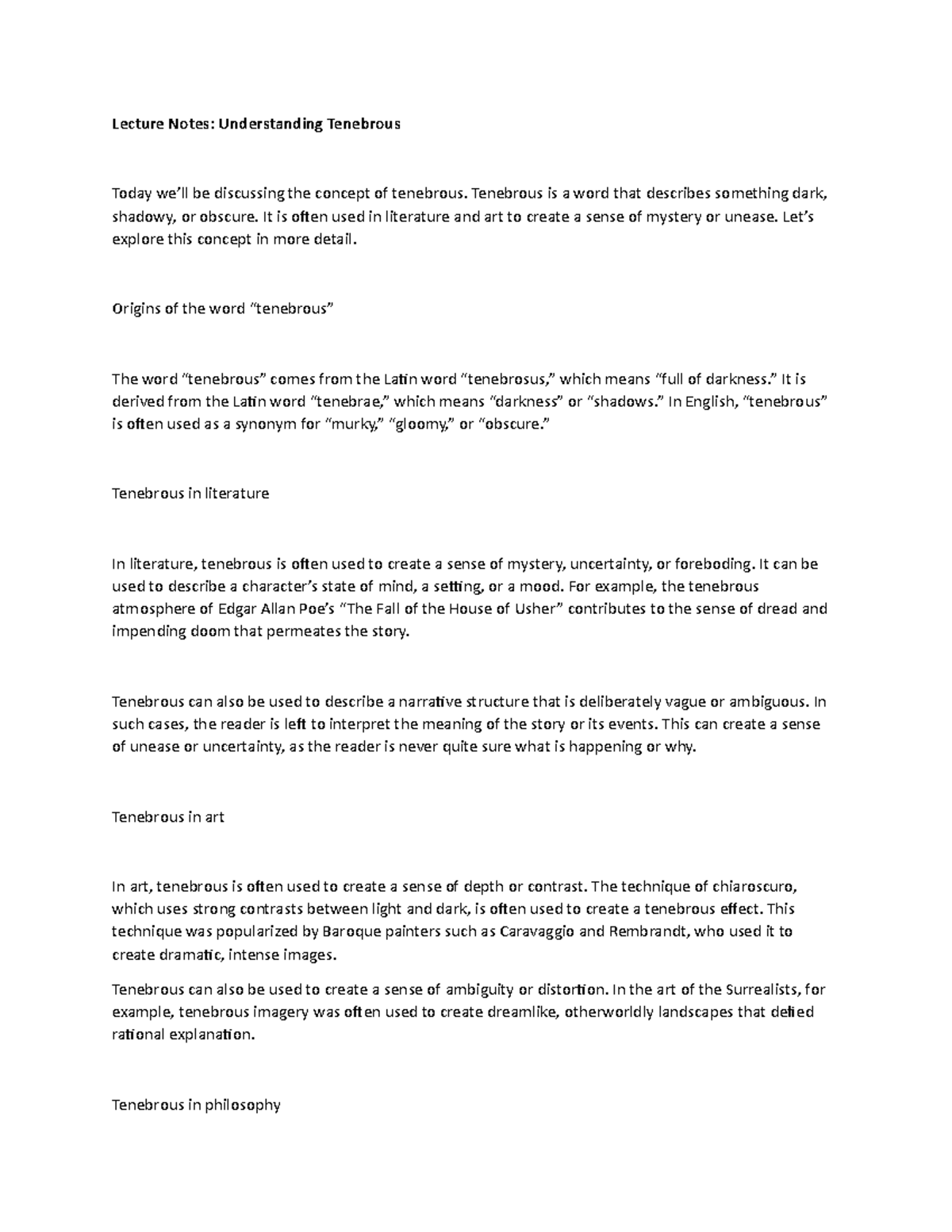 Lecture Notes: Understanding Tenebrous - Tenebrous is a word that ...