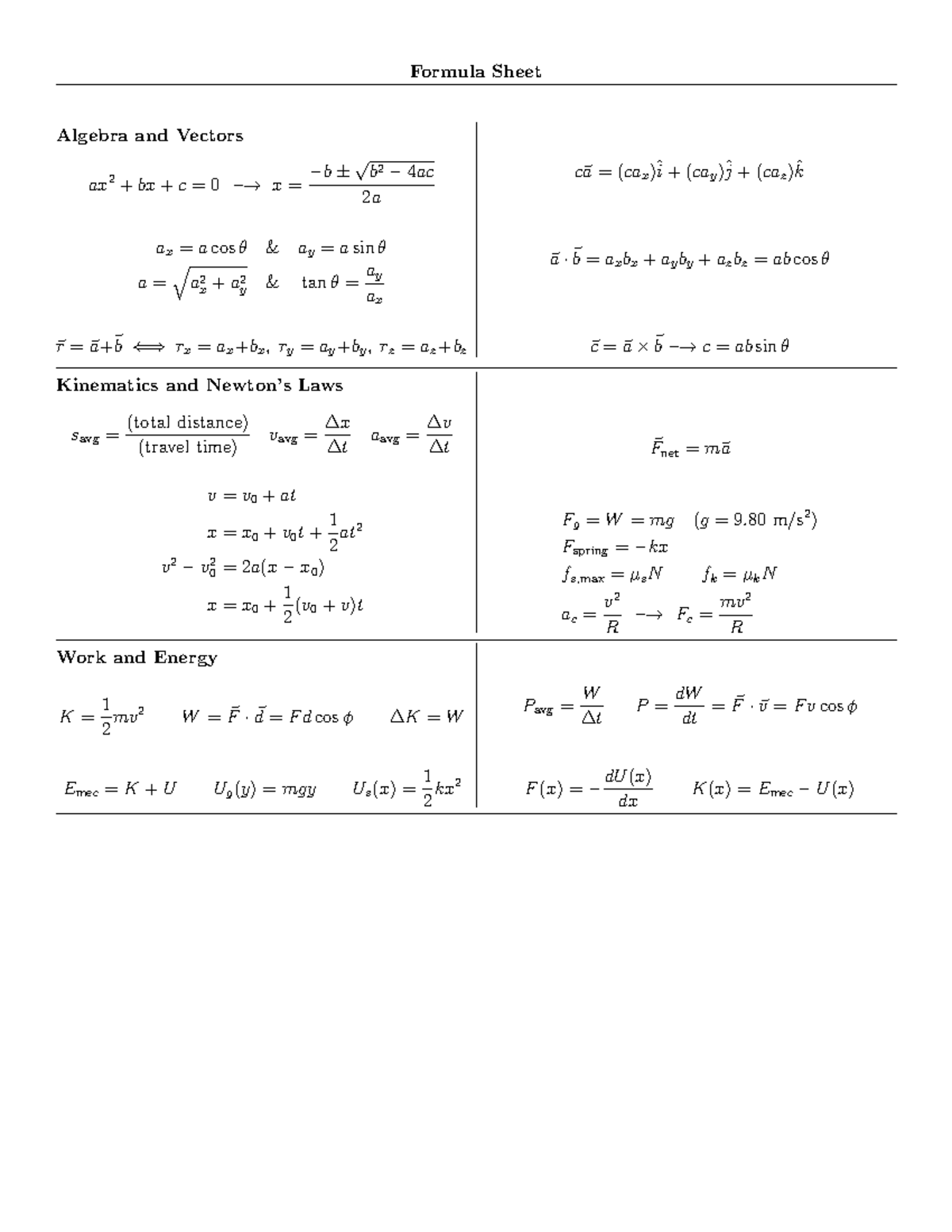 Formula sheet - .... - Formula Sheet Algebra and Vectors ax 2 + bx + c ...