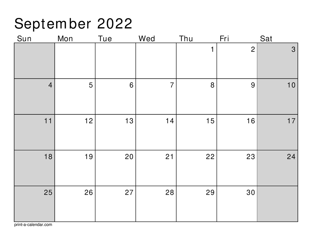 Calendar - Sept em ber 2022Sun Mon Tue Wed Thu Fr i Sat Oct ober ...