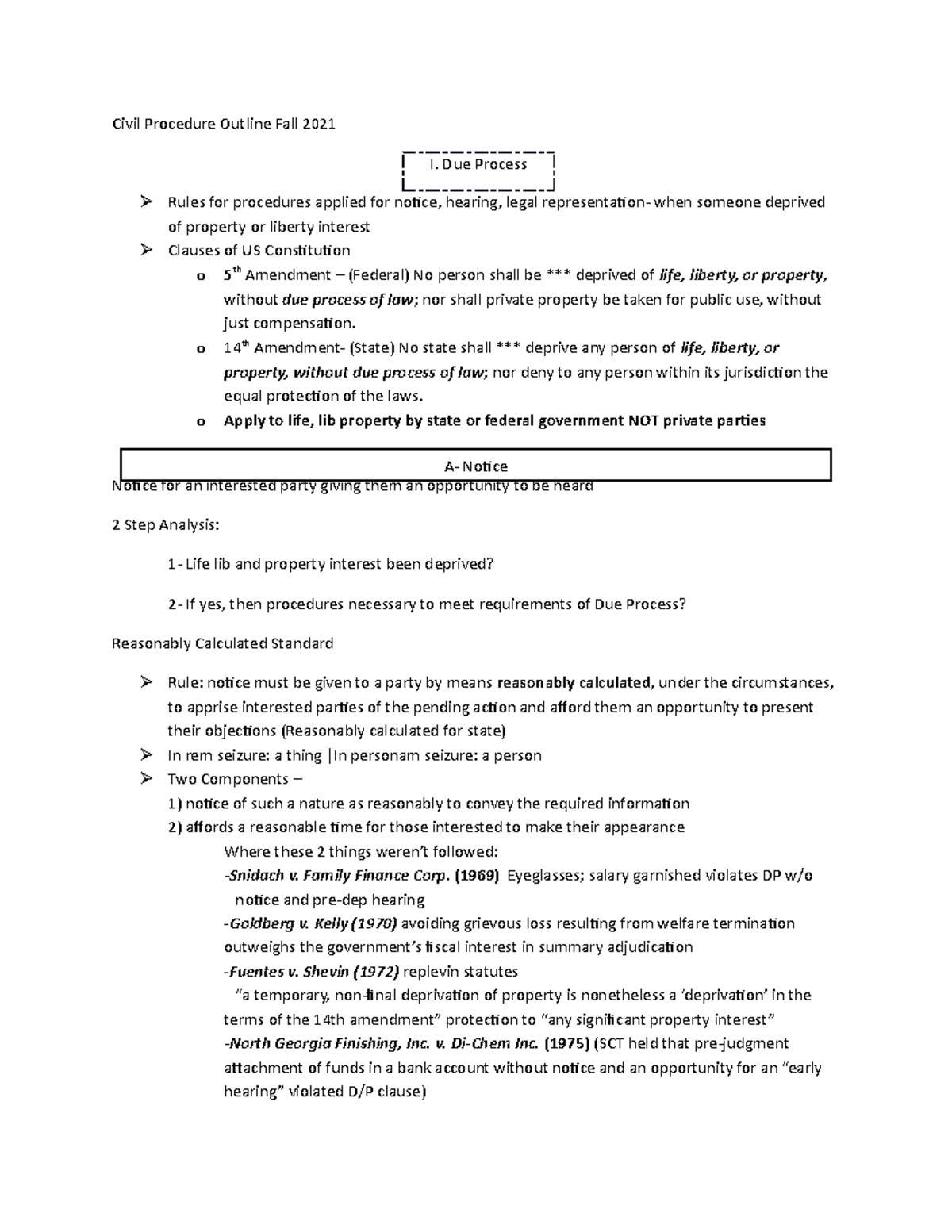 Civ Pro Outline - Civil Procedure Outline Fall 2021 I. Due Process ...