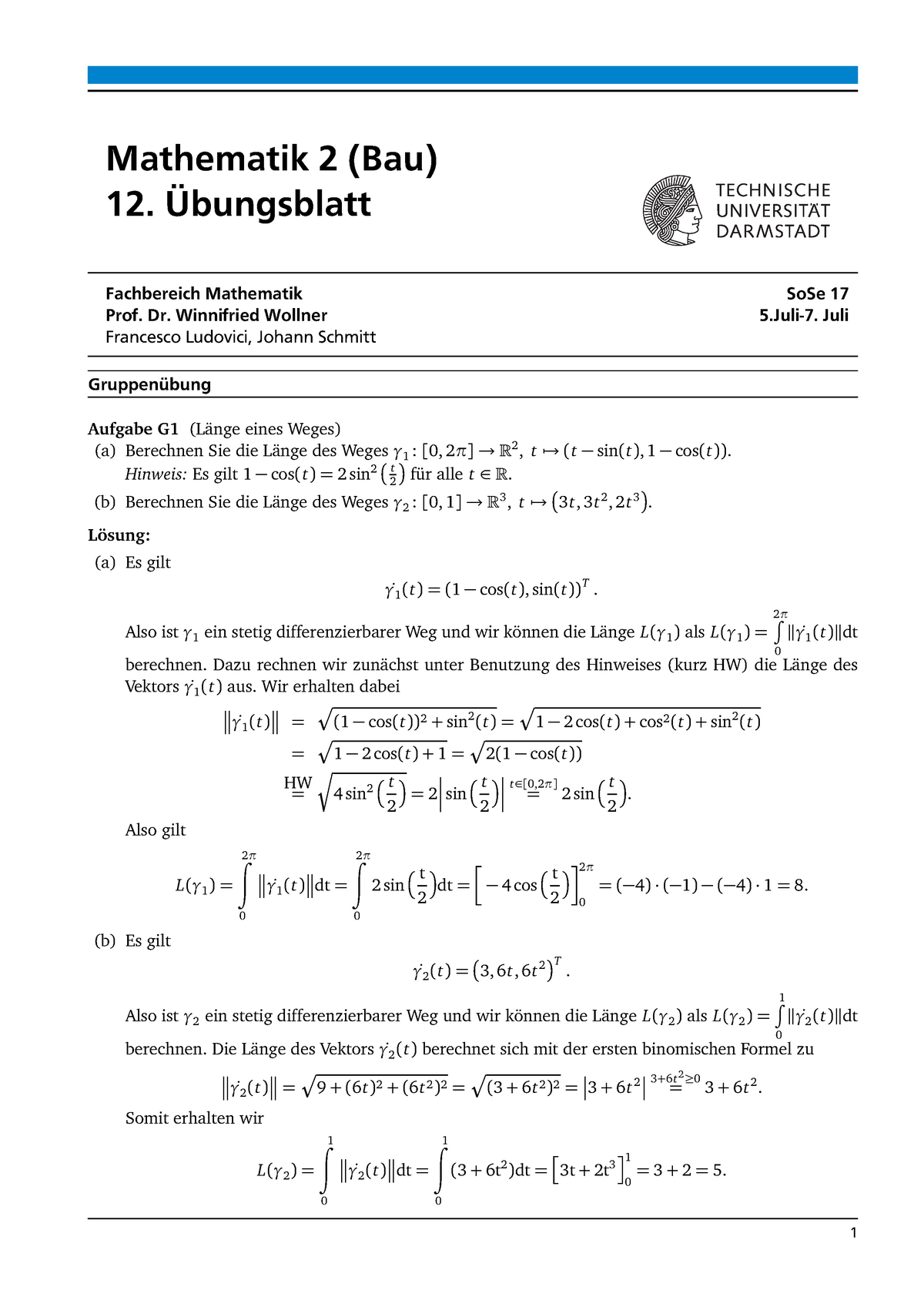 Mathe 2 (Bau) - Übungsblatt 12 + Gruppenlösung - Mathematik 2 (Bau) 12 ...