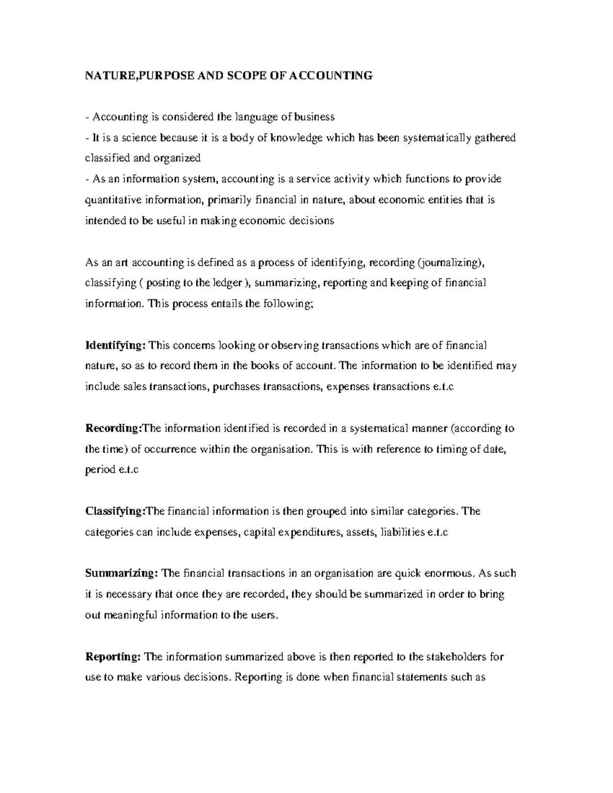 Nature Purpose and scope of Accounting NATURE,PURPOSE AND SCOPE OF