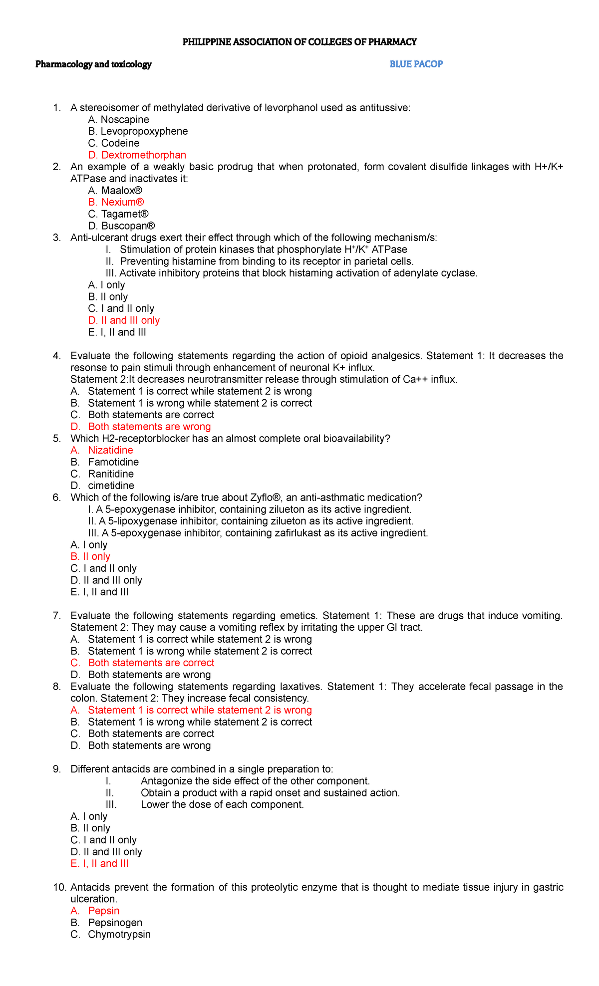 Pharmacology Answer Key-BLUE Pacop - PHILIPPINE ASSOCIATION OF COLLEGES ...