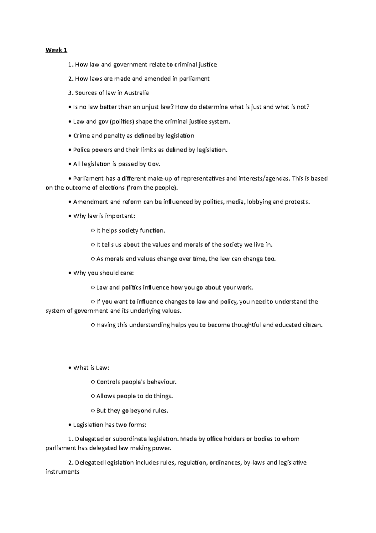Lecture notes weeks 1-3 - Week 1 1. How law and government relate to ...