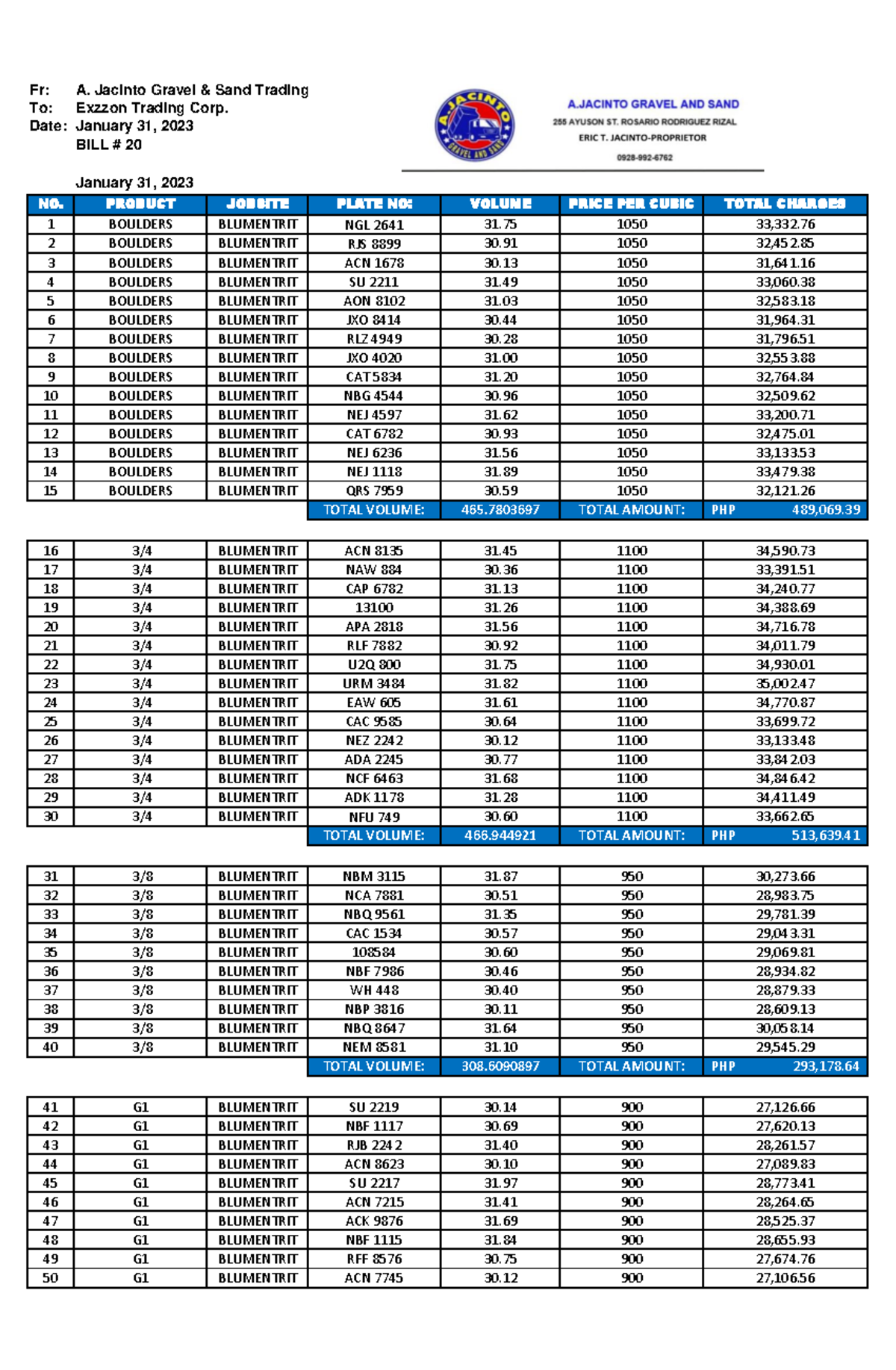 Billing Sample Template - Fr: A. Jacinto Gravel & Sand Trading 79 BASE ...