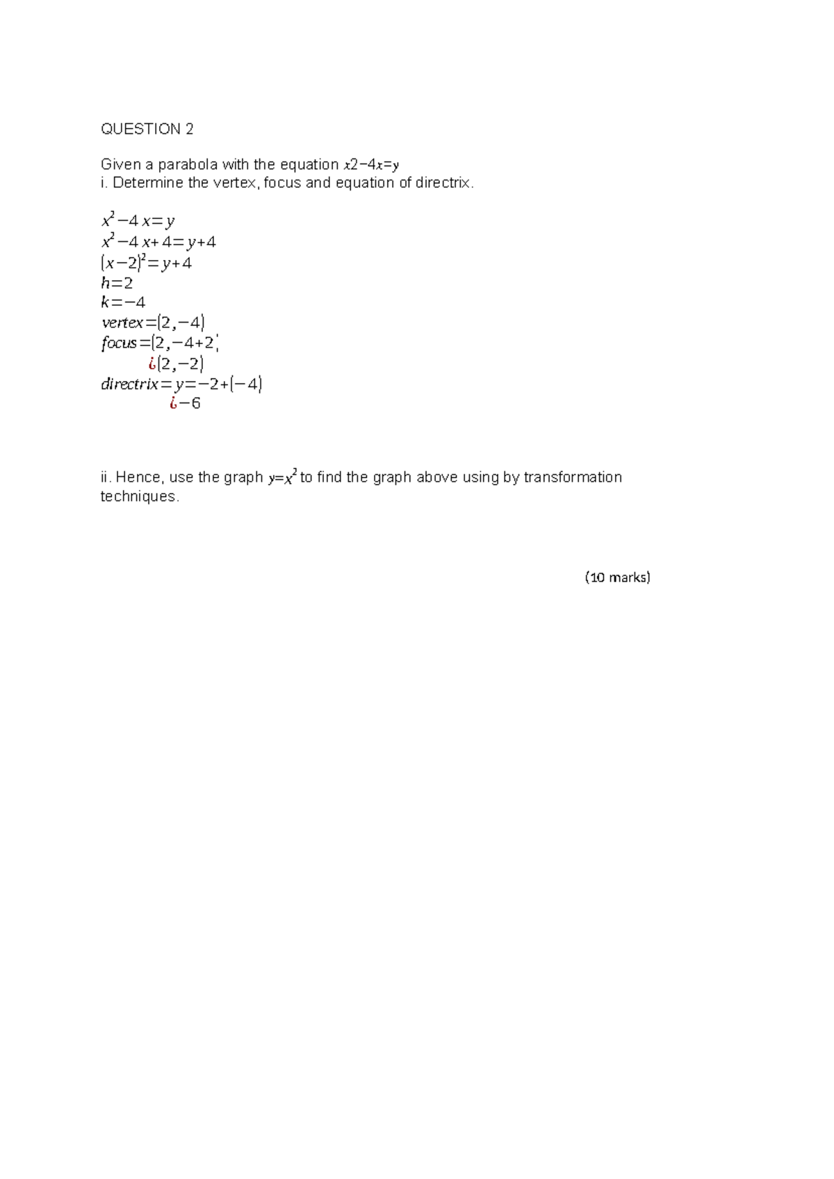 Mat soalan 2 - . . . - Pre calculus - QUESTION 2 Given a parabola with ...