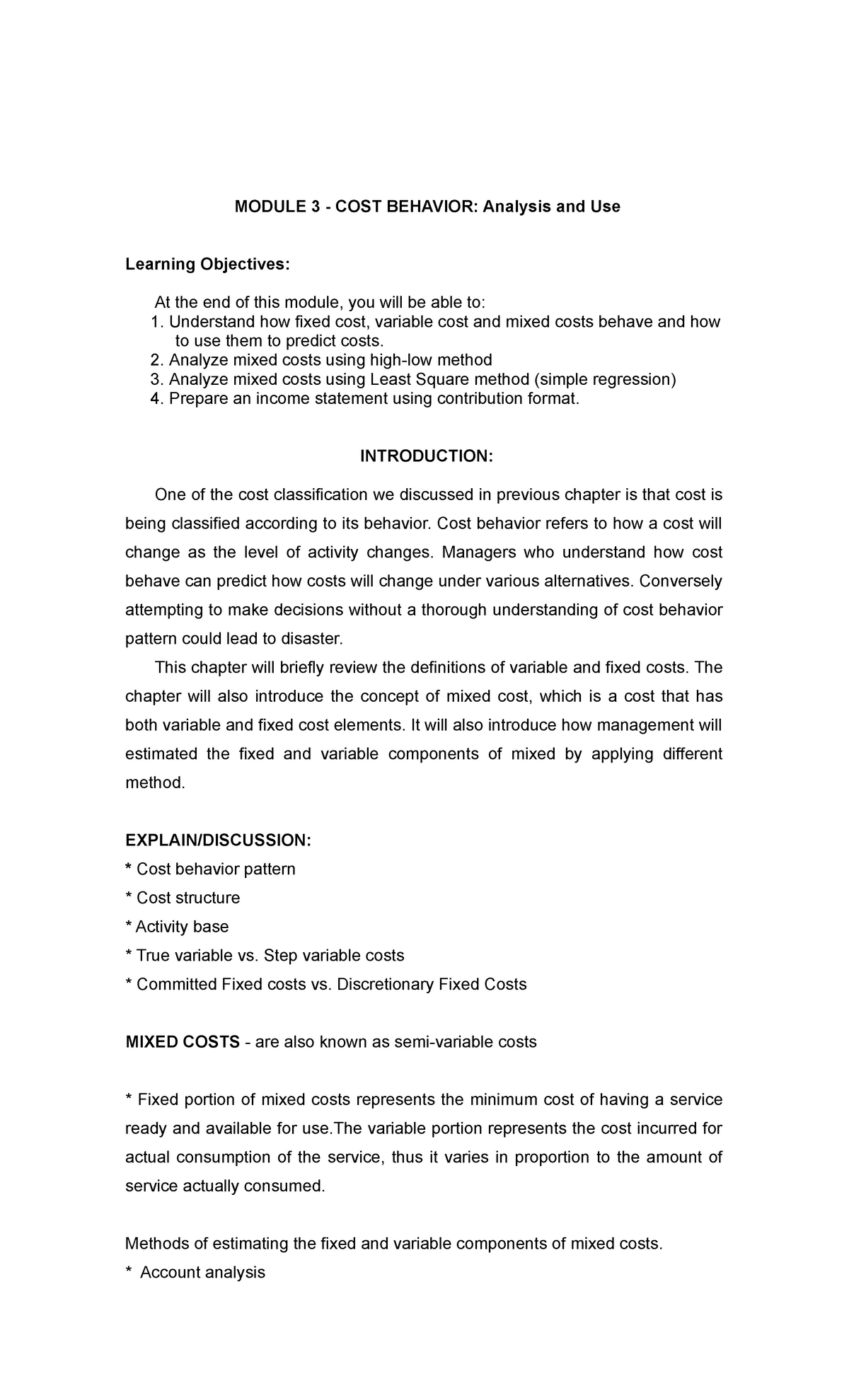 Module 3-Cost Behavior Analysis And Use - MODULE 3 - COST BEHAVIOR ...