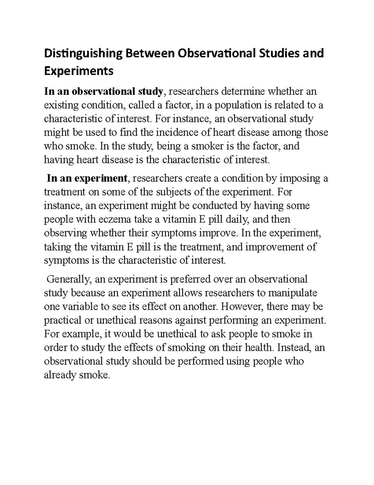 distinguishing between observational and experimental studies