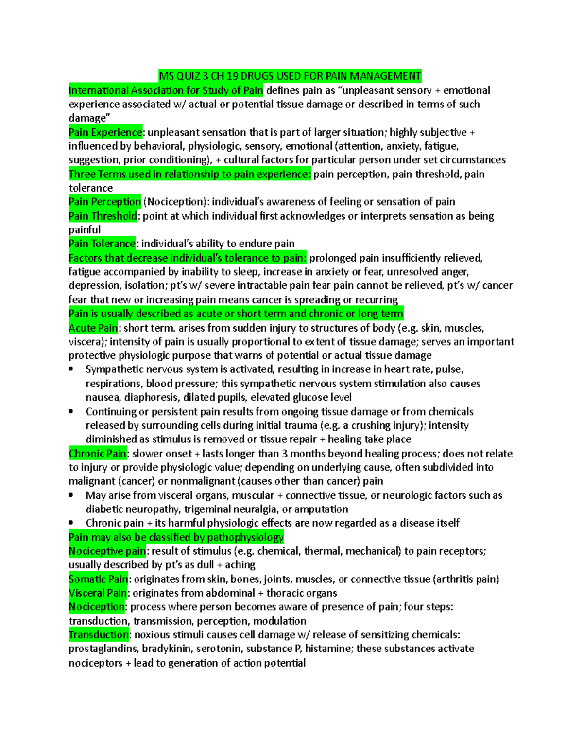 MS Quiz 3: Drugs Used for Pain Management - Studocu