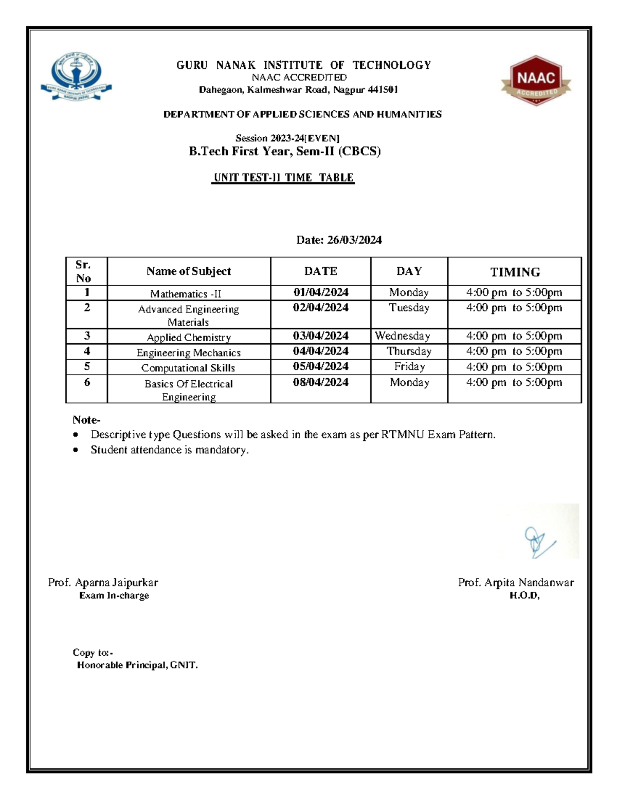 UT-II TIME Table (SEM-II) - GURU NANAK INSTITUTE OF TECHNOLOGY NAAC ...