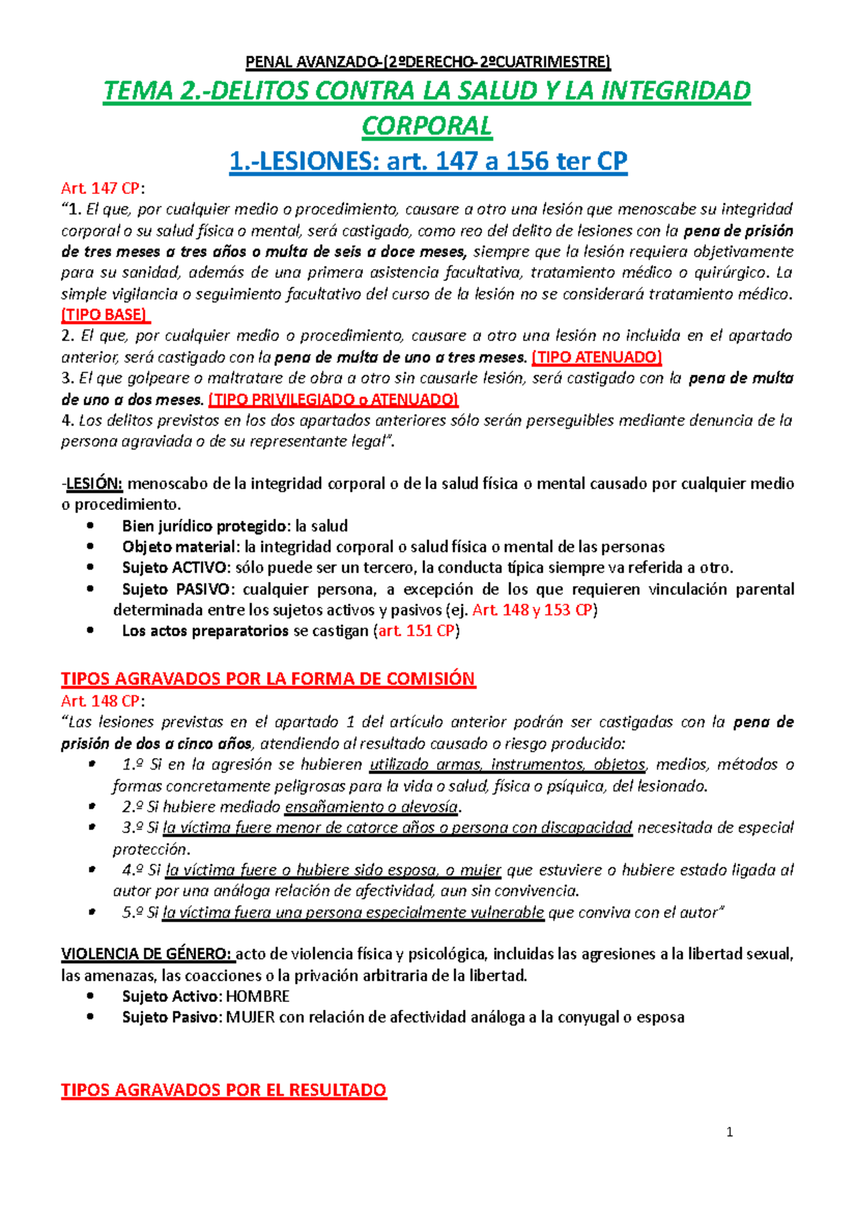 TEMA 2.- Delitos Contra LA Salud Y LA Integridad Corporal - PENAL - Studocu
