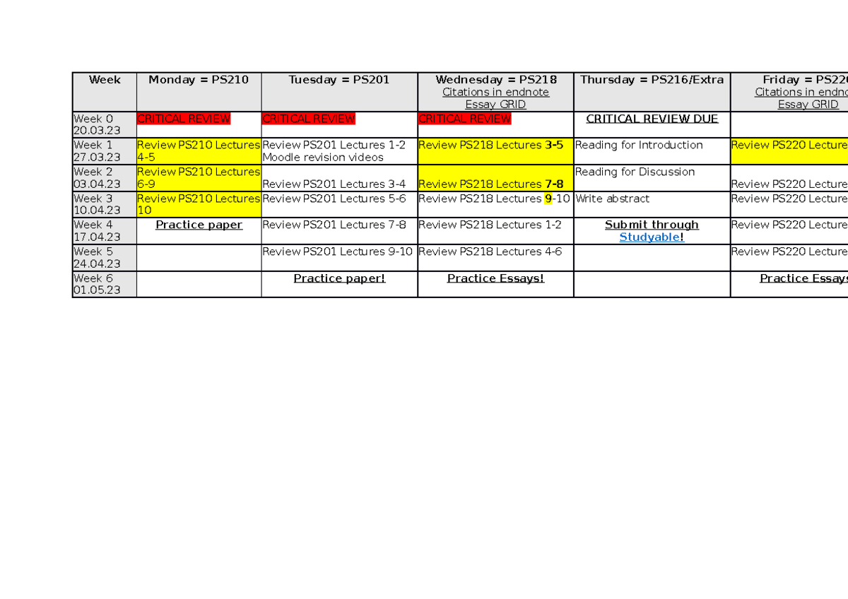 Easter Revision 2023 - Week Monday = PS210 Tuesday = PS201 Wednesday ...
