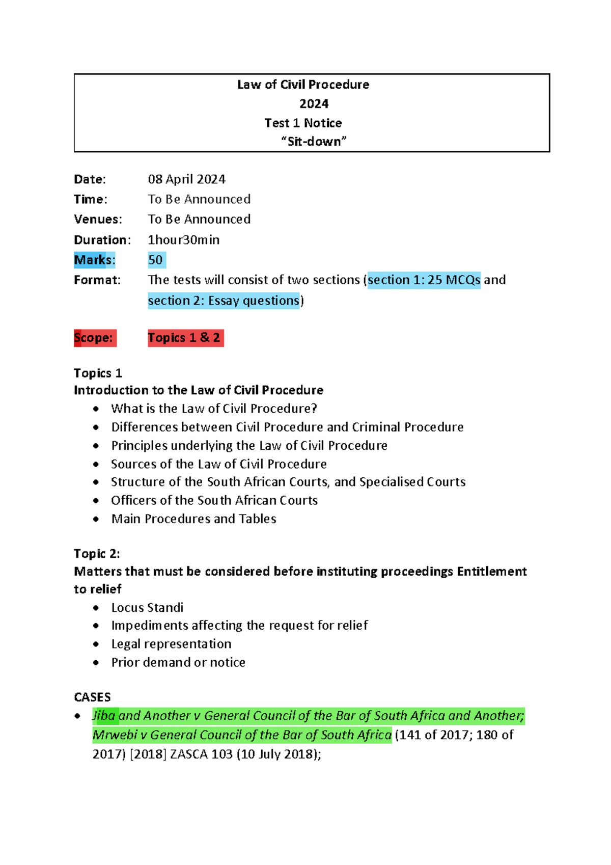 CIV-TEST 1 Scope - Summary Law Of Civil Procedure - Law Of Civil ...