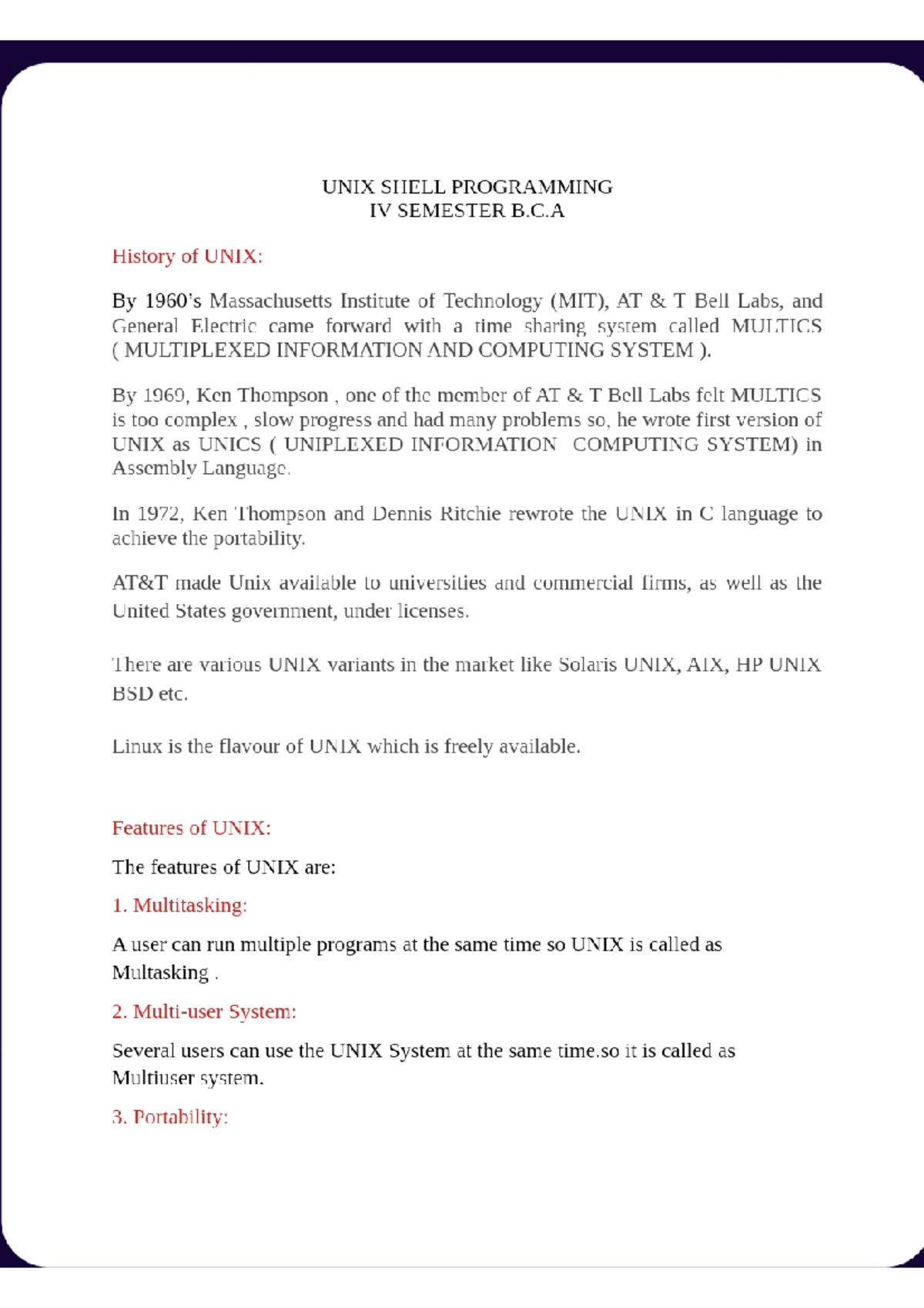 Unix notes 1 - Bachelors of Computer applications - Studocu