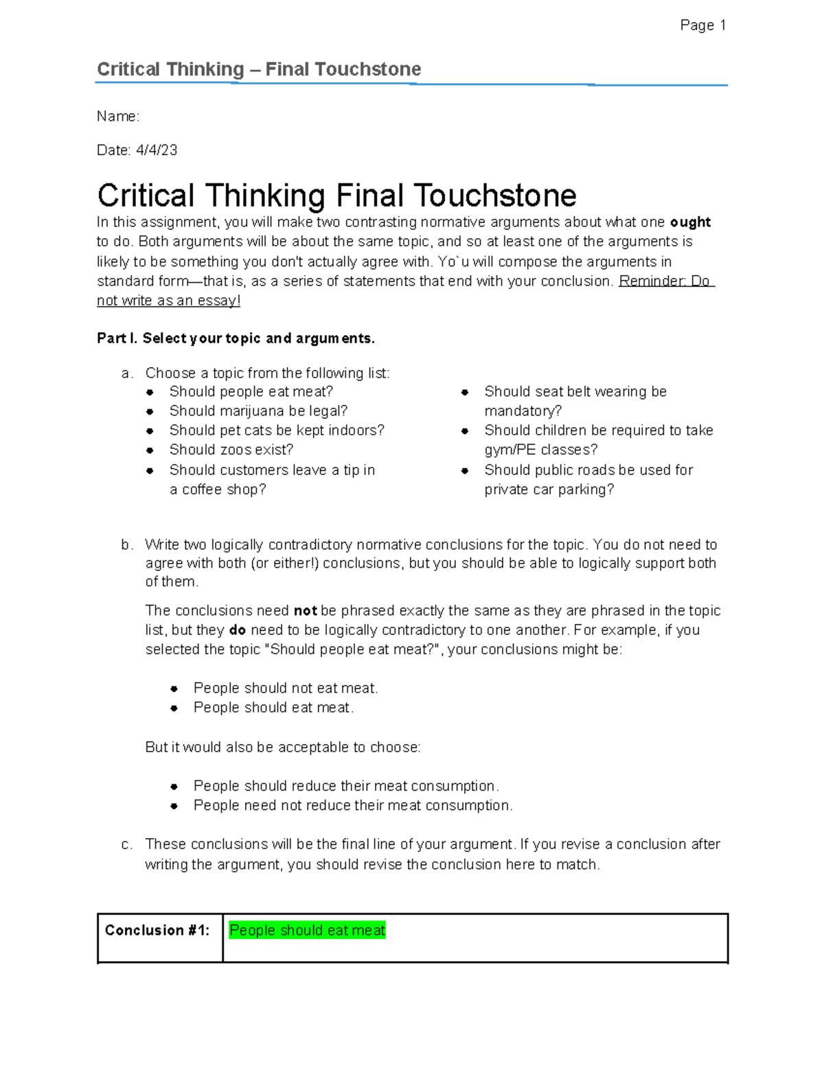 Critical Thinking Touchstone 4 Template 1 - Critical Thinking – Final ...