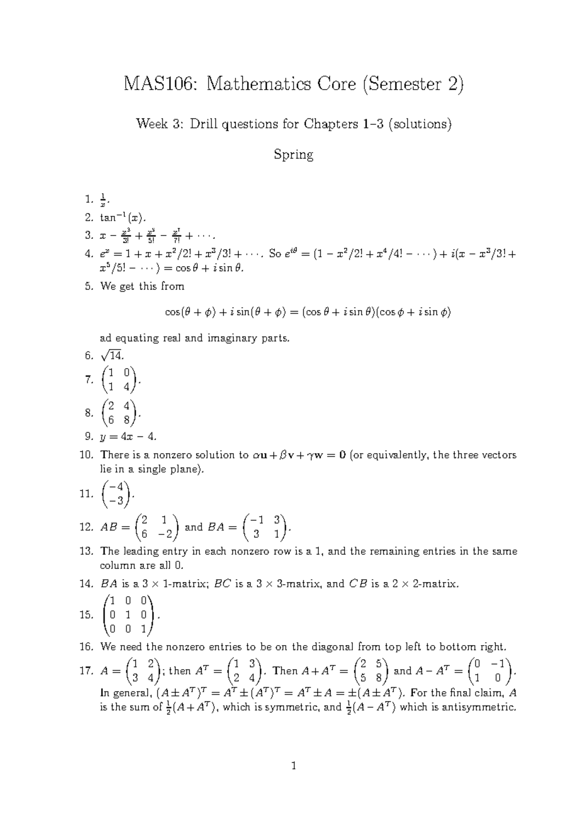 MAS106 S2 weekly week3sols - MAS106: Mathematics Core (Semester 2) Week ...