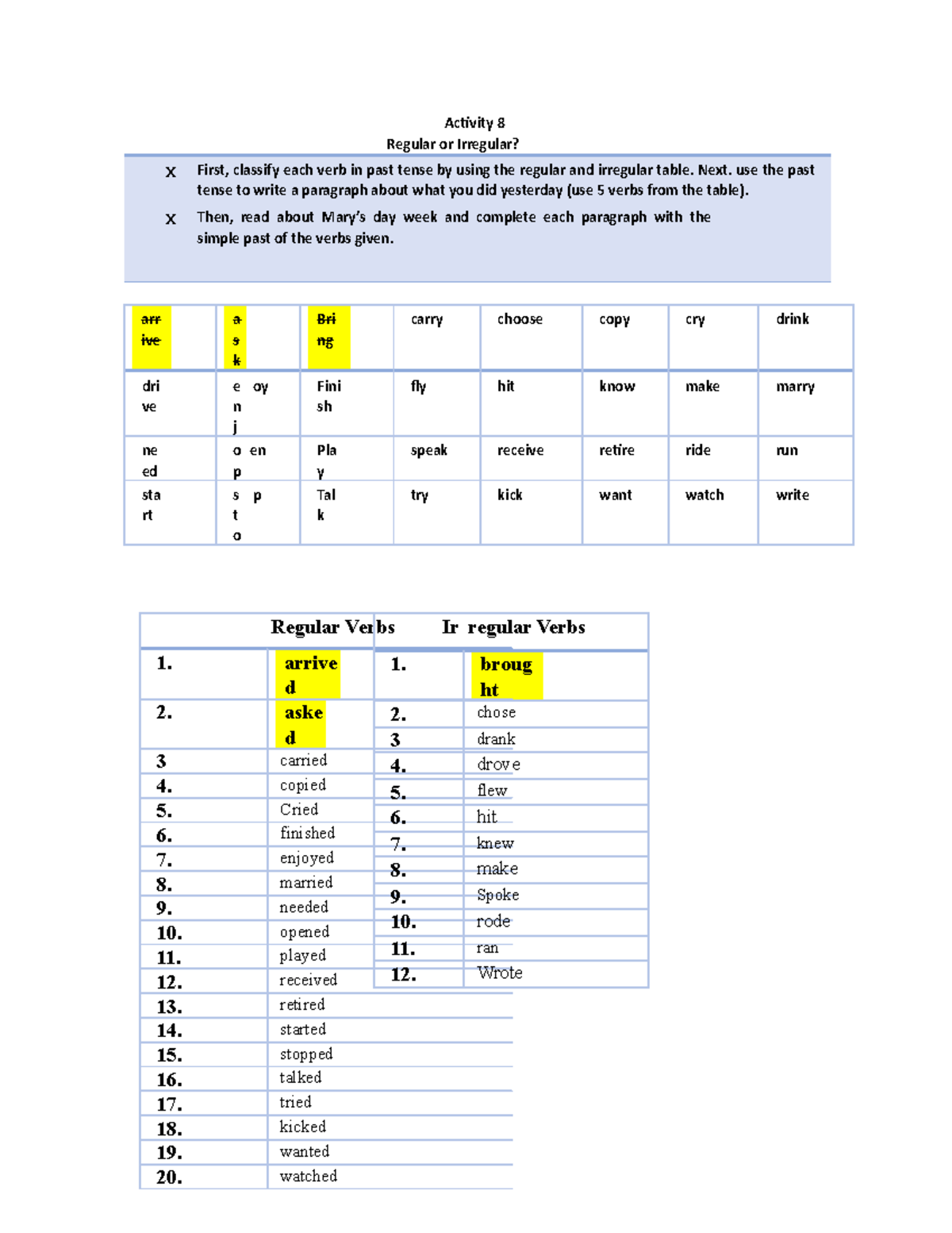 Edgar ingleeeeeeeee 12 - Activity 8 Regular or Irregular? x First ...