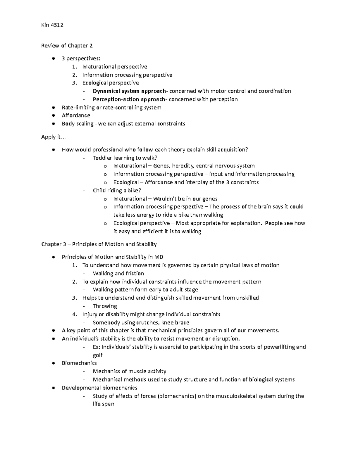 KIN 4512 chapter 3 notes - Review of Chapter 2 3 perspectives: 1 ...