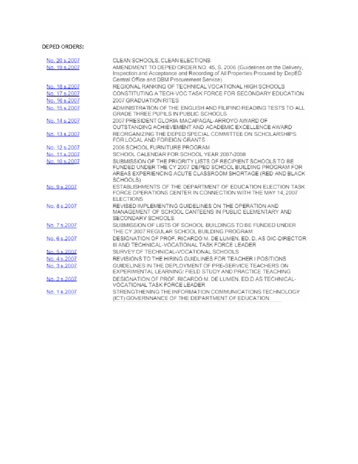 Deped Orders - asdasd - DEPED ORDERS: No. 20 s CLEAN SCHOOLS, CLEAN ...