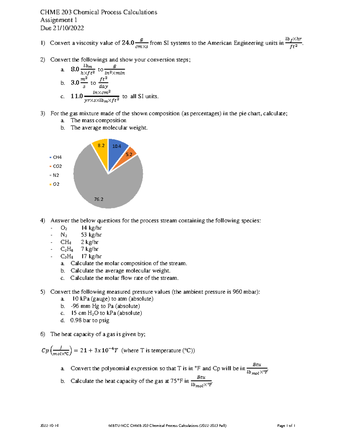 HW1 - HwHW for chme 203 - CHME 20 3 Chemical Process Calculations ...