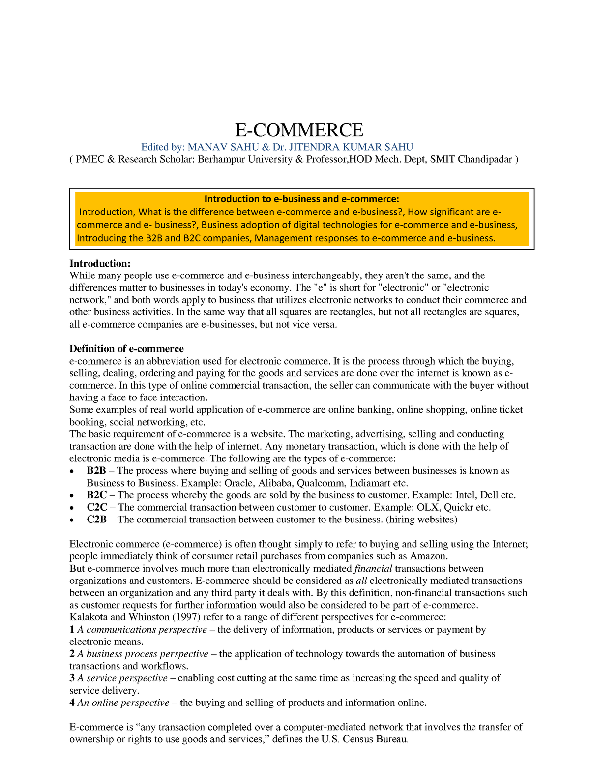 E- Commerce 1 - AThese Are Lecture Notes - E-COMMERCE Edited By: MANAV ...