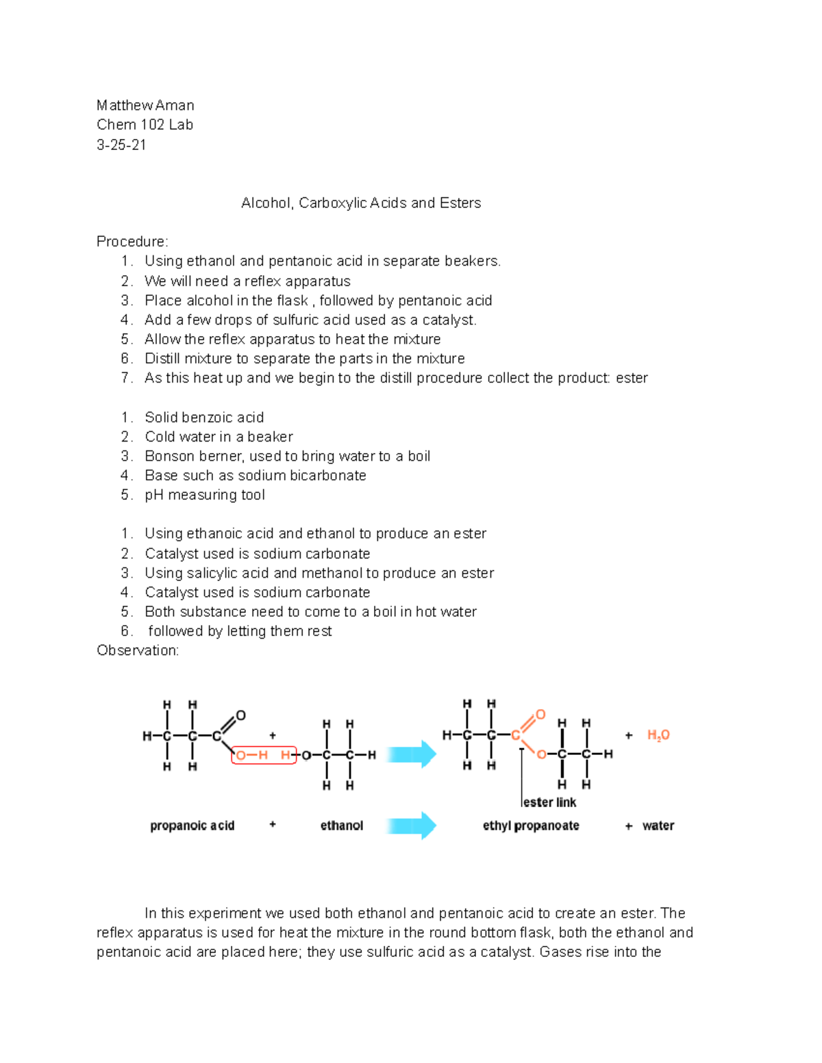Alcohol,Carboxylic acids, esters-Lab - Matthew Aman Chem 102 Lab 3-25 ...
