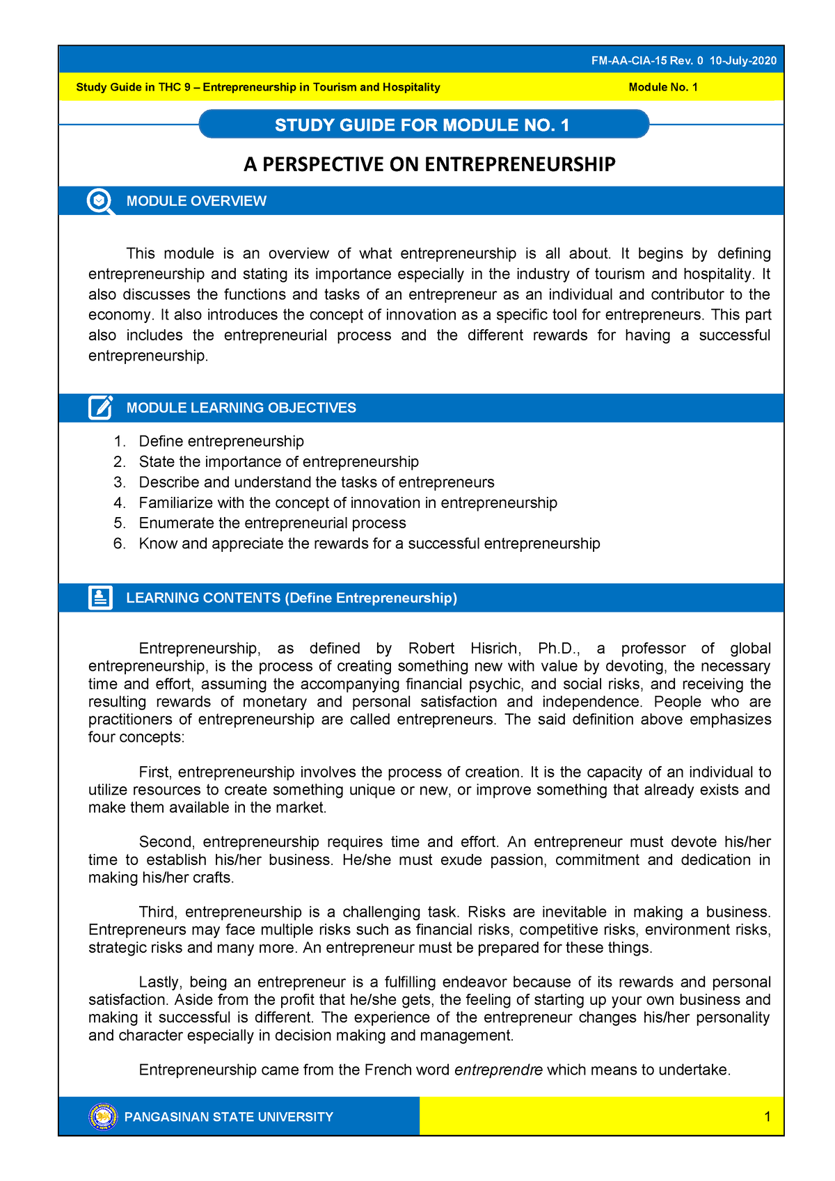 Module 1 A Perspective ON Entrepreneurship - PANGASINAN STATE ...