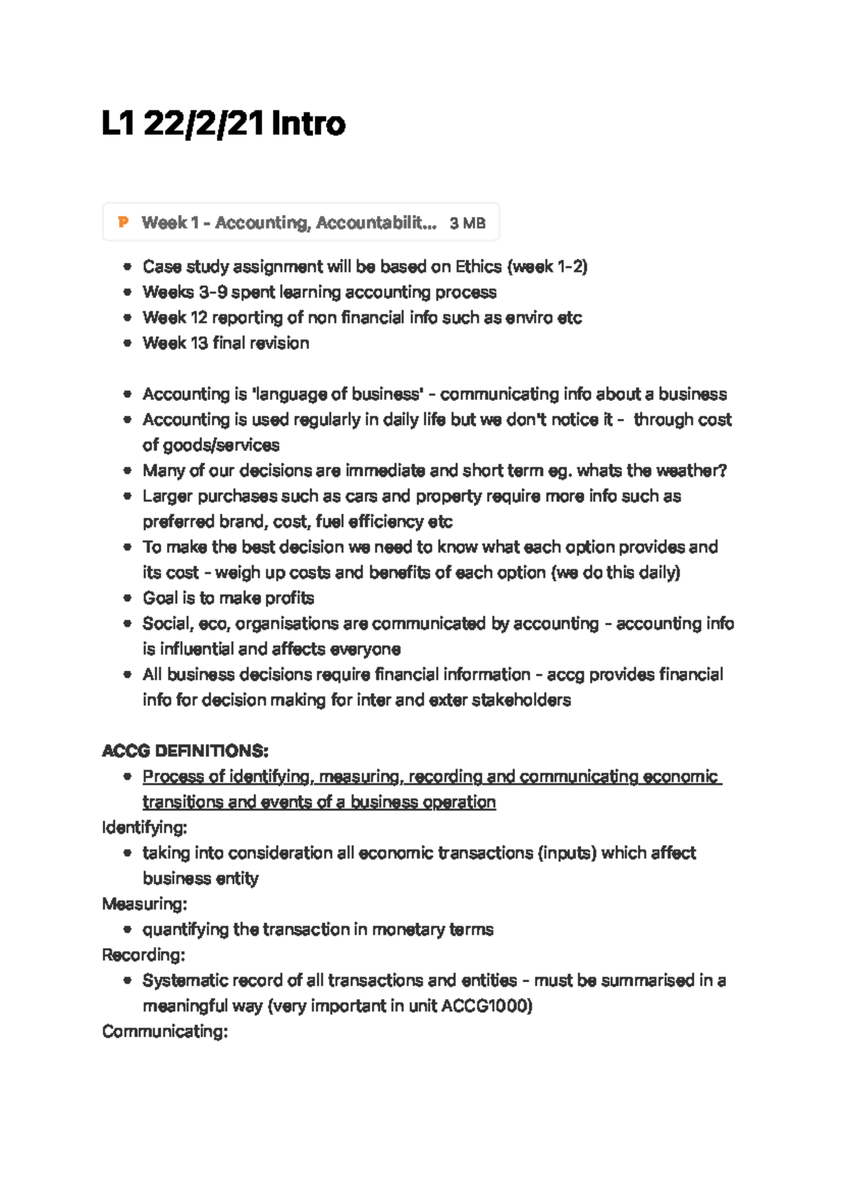 Accounting Week 1 - Week 1 notes - L 1 22/2/21 Intro ACCG DEFINITIONS ...