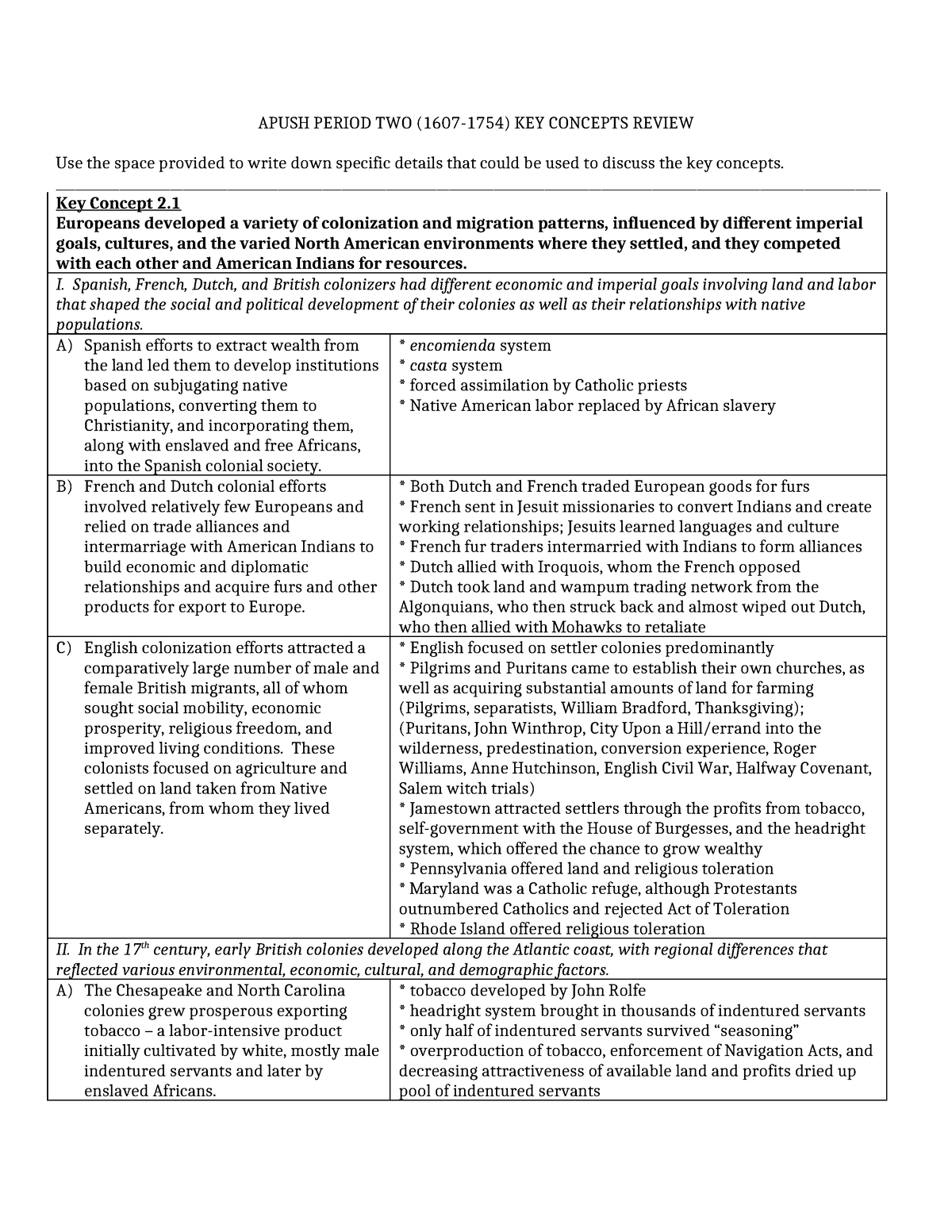 Period Two Key Concept Framework Filled In - APUSH PERIOD TWO (1607 ...