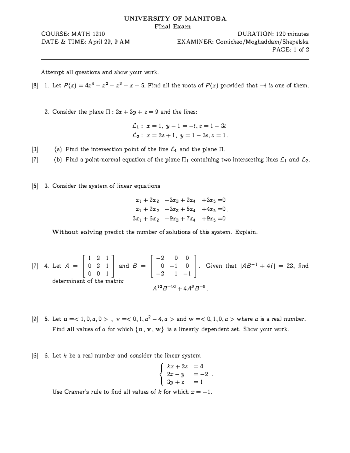 W22exam - Techniques Of Classical And Linear Algebra course material ...