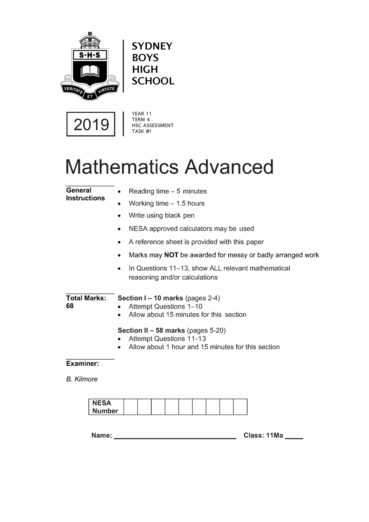 SBHS 2019 MA HSC Task 1 - PAST PAPERS - SYDNEY BOYS HIGH SCHOOL YEAR 11 ...