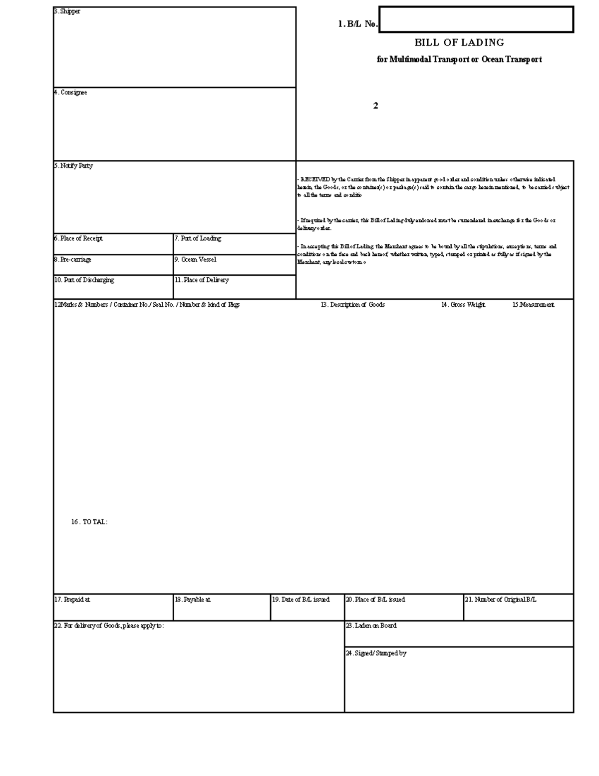 MSBL - Master BL - 2 Place of Receipt 7. Port of Loading Pre-carriage 9 ...