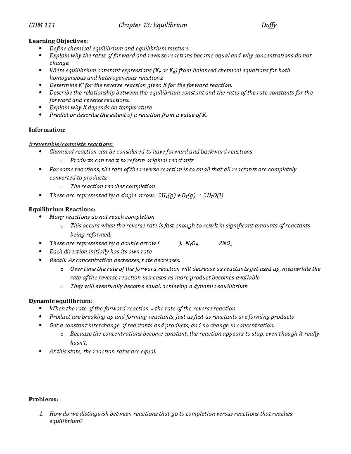 CHM 111 GI Dynmaic Equilibrium - Learning Objectives: Define chemical ...